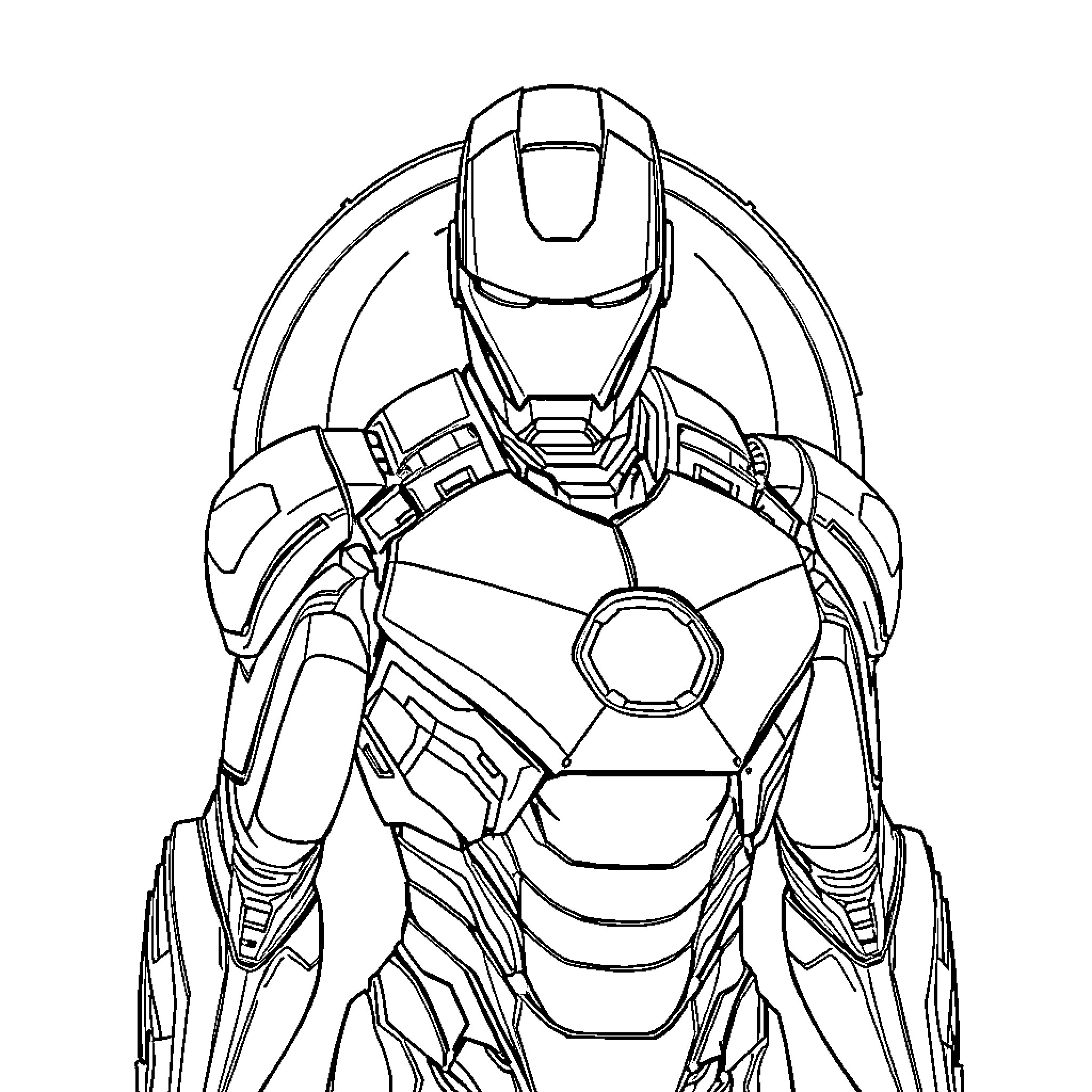 Ironman heroic pose in advanced high-tech armor Coloring Page (free black-and-white line drawing printable PDF for all, from beginners to advanced learners, including children, teens, adults, and seniors)