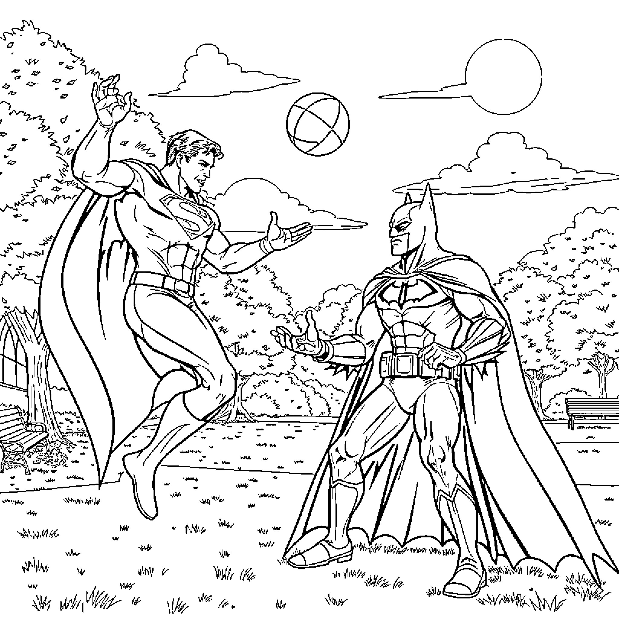 Superman and Batman facing off in an outdoor scene Coloring Page (free black-and-white line drawing printable PDF for all, from beginners to advanced learners, including children, teens, adults, and seniors)