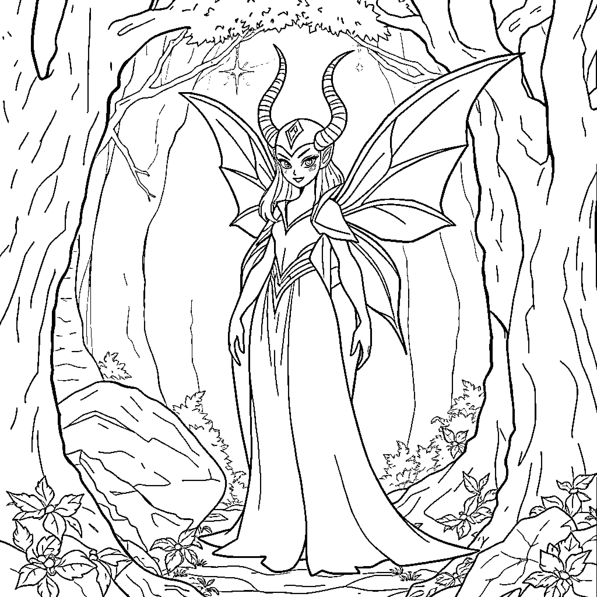 Maleficent standing elegantly in a mystical forest setting Coloring Page (free black-and-white line drawing printable PDF for all, from beginners to advanced learners, including children, teens, adults, and seniors)