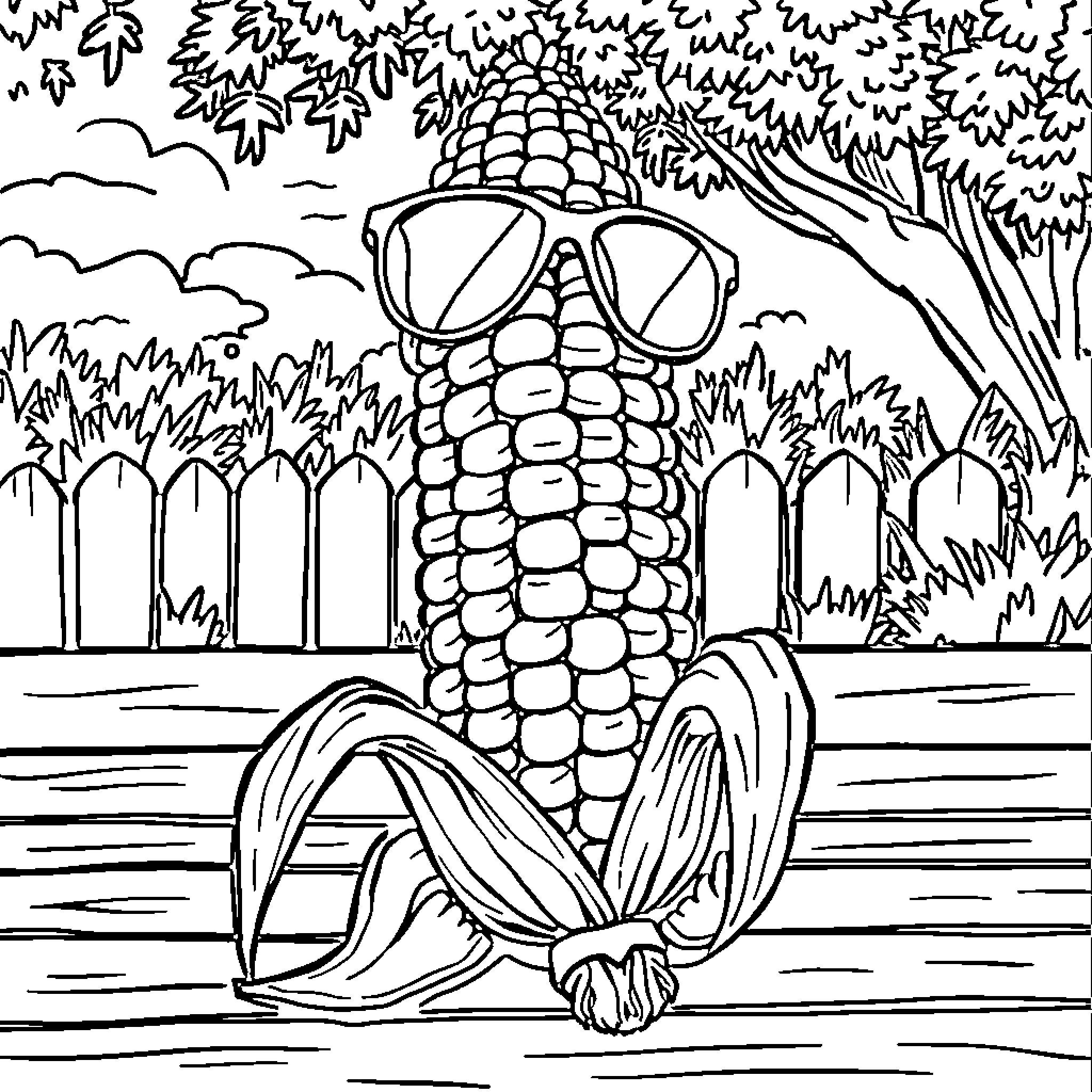 Corn character relaxing in a countryside setting Coloring Page (free black-and-white line drawing printable PDF for all, from beginners to advanced learners, including children, teens, adults, and seniors)