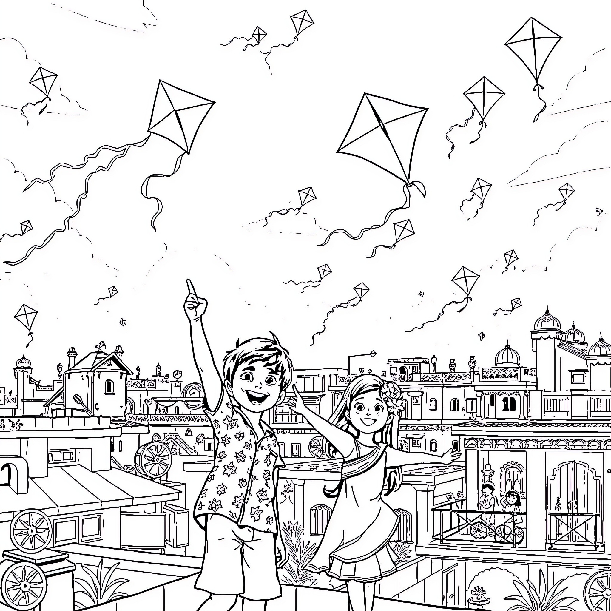 Kite flying adventure in the city Coloring Page (free black-and-white line drawing printable PDF for all, from beginners to advanced learners, including children, teens, adults, and seniors)