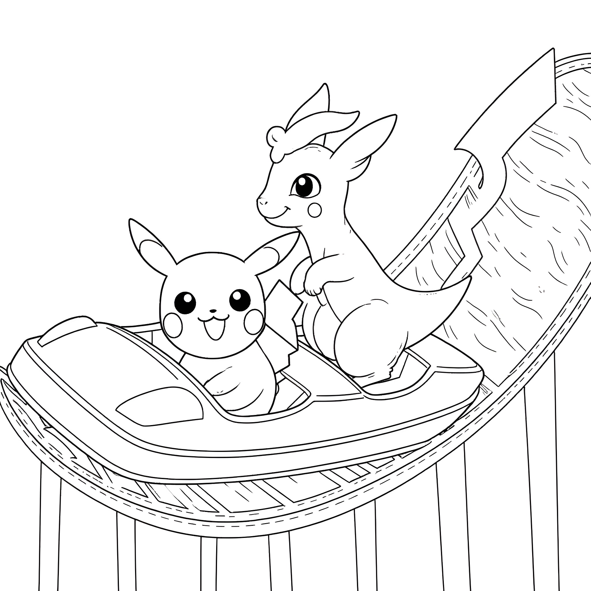 Pikachu and Pokémon friend enjoying a ride Coloring Page (free black-and-white line drawing printable PDF for all, from beginners to advanced learners, including children, teens, adults, and seniors)