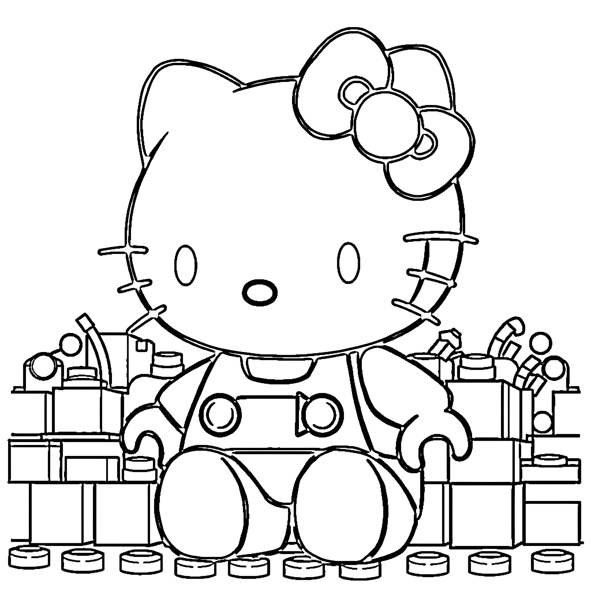 Hello Kitty playing with toys in the workshop Coloring Page (free black-and-white line drawing printable PDF for all, from beginners to advanced learners, including children, teens, adults, and seniors)
