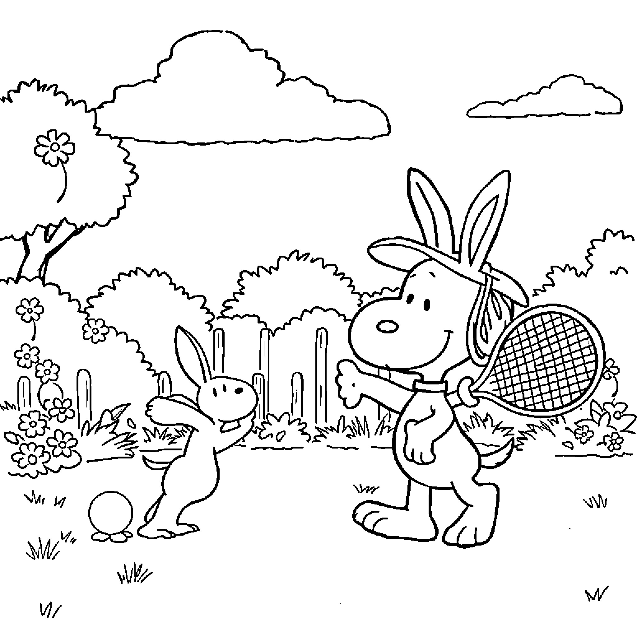 Snoopy playing with bunnies in the garden Coloring Page (free black-and-white line drawing printable PDF for all, from beginners to advanced learners, including children, teens, adults, and seniors)