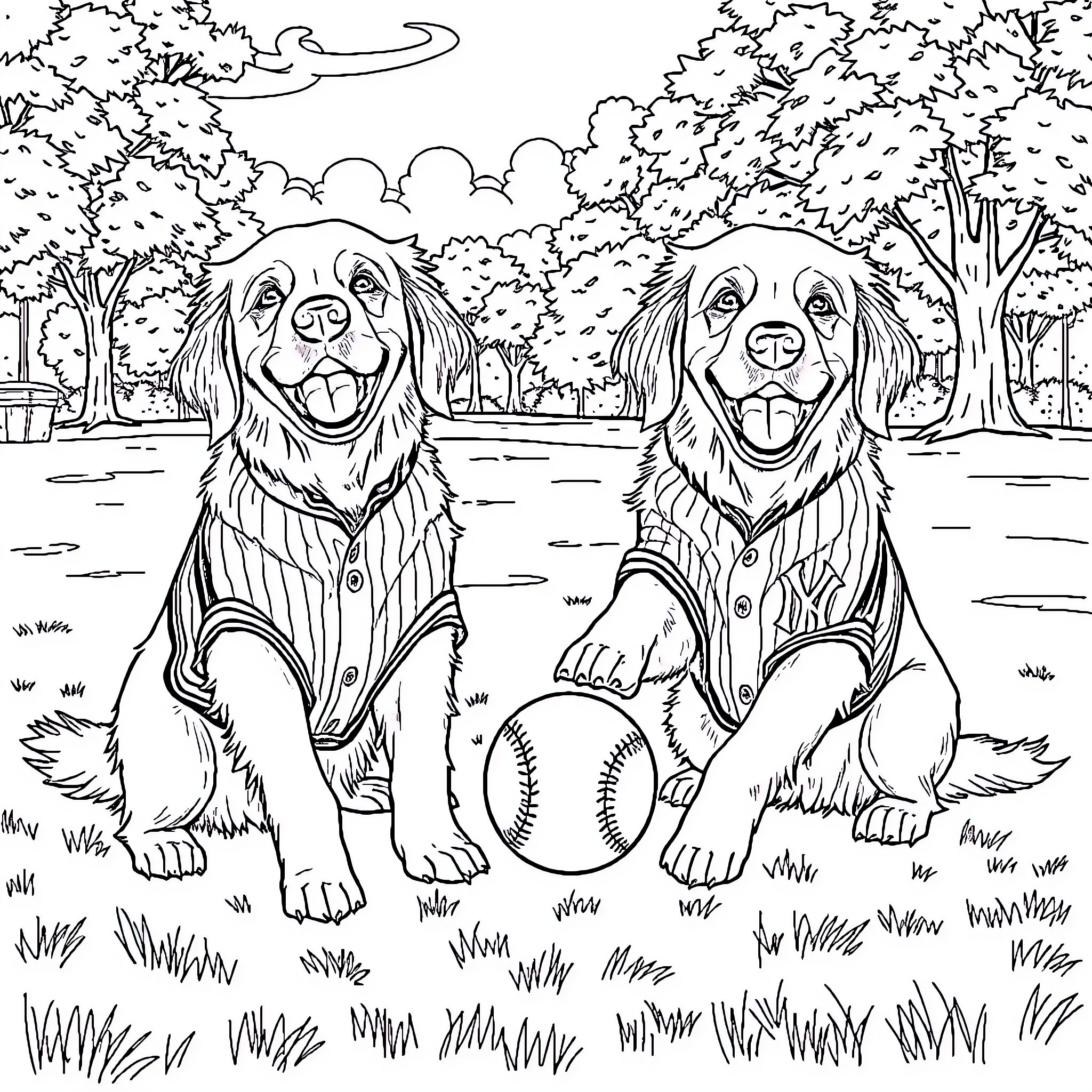 Golden Retrievers Playing with Baseball in the Park Coloring Page (free black-and-white line drawing printable PDF for all, from beginners to advanced learners, including children, teens, adults, and seniors)