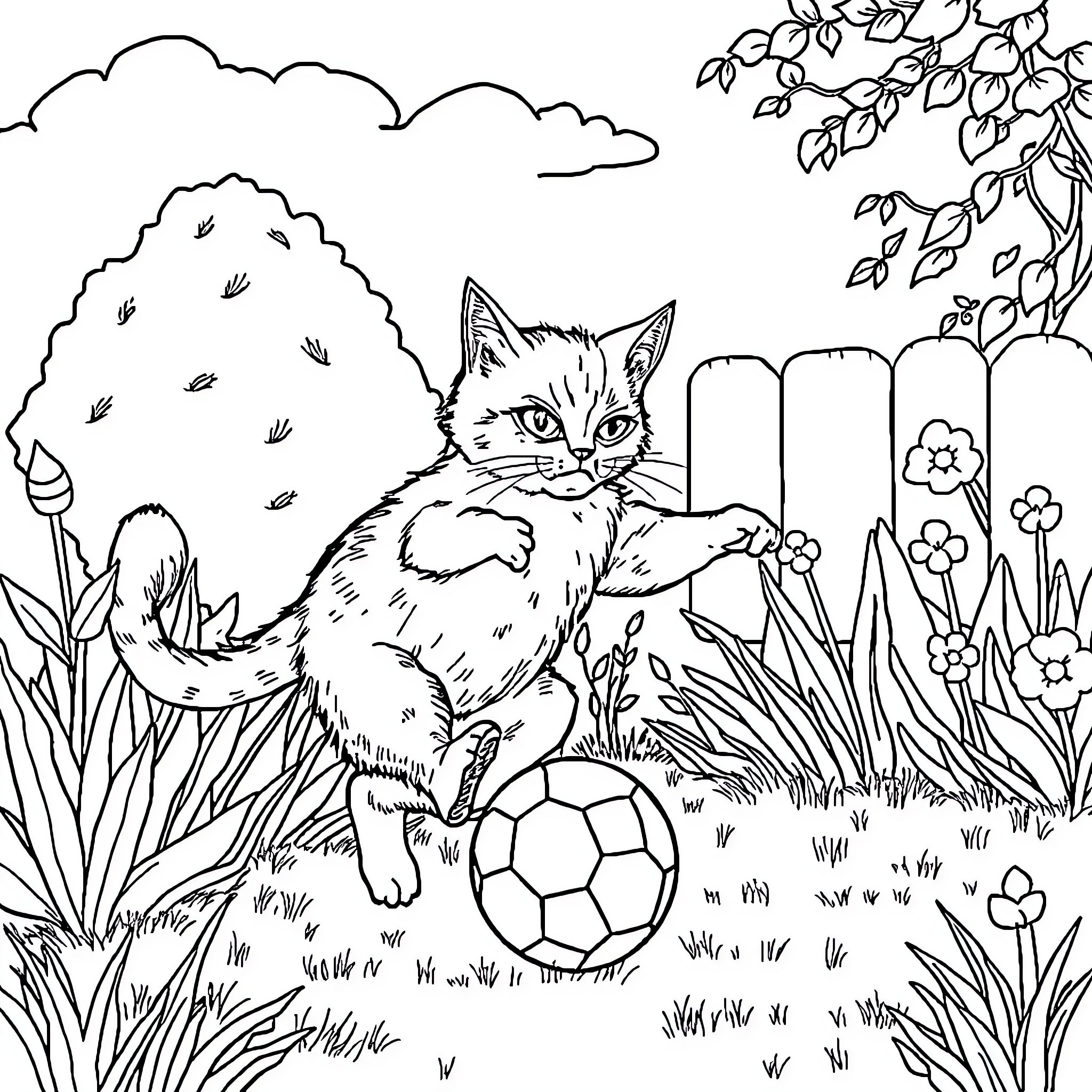 Cat playing with a ball in the garden Coloring Page (free black-and-white line drawing printable PDF for all, from beginners to advanced learners, including children, teens, adults, and seniors)