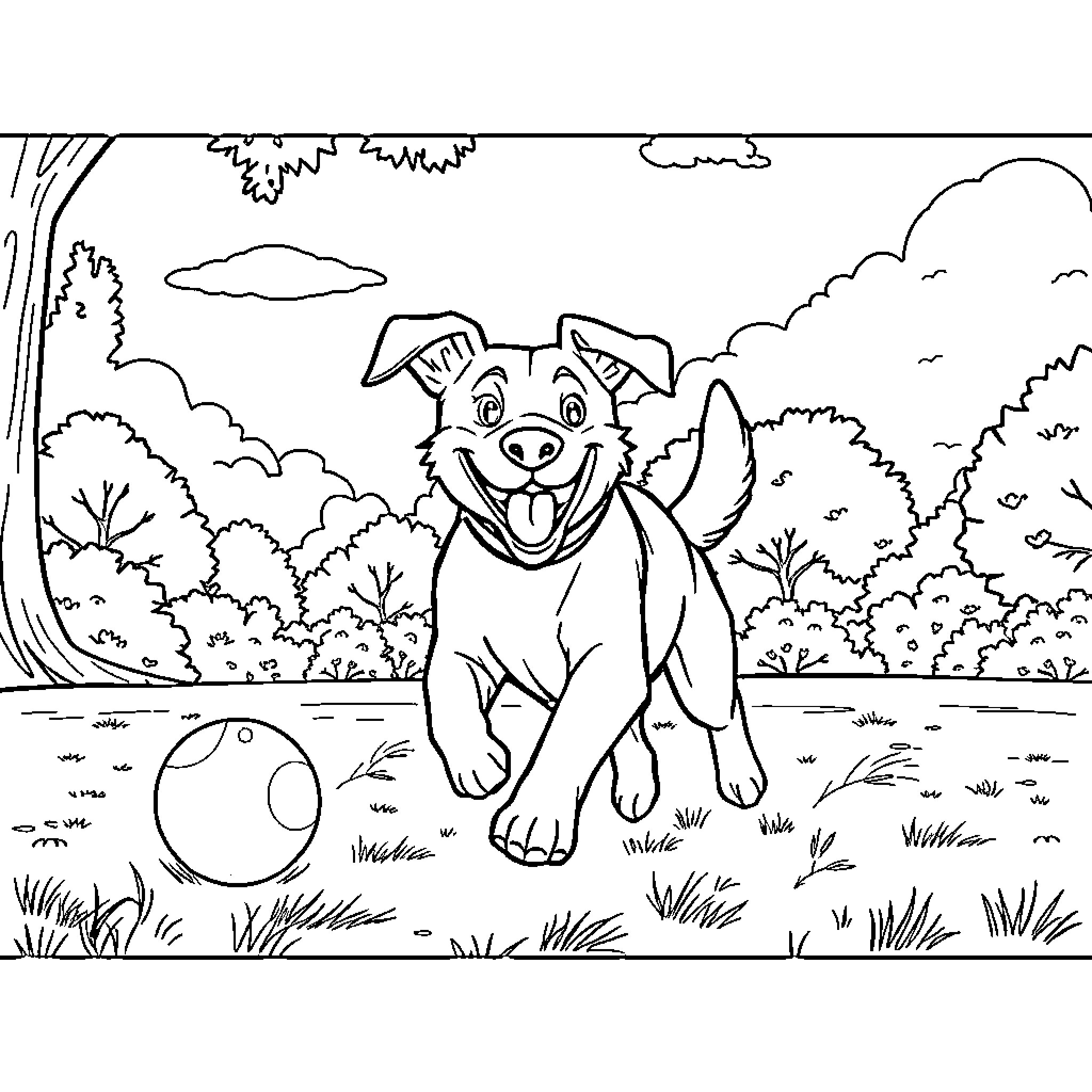 Dog playing joyfully with ball in the park Coloring Page (free black-and-white line drawing printable PDF for all, from beginners to advanced learners, including children, teens, adults, and seniors)