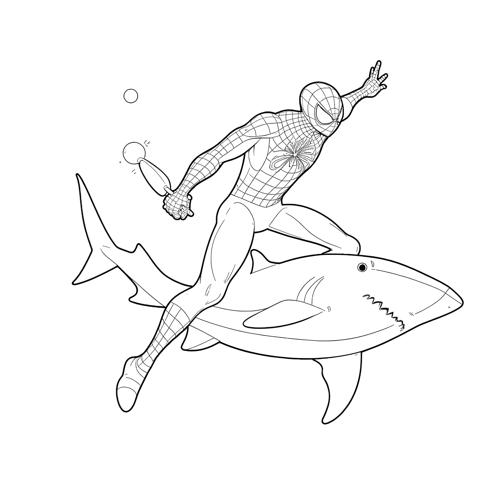 Spider-Man riding a giant shark Coloring Page (free black-and-white line drawing printable PDF for all, from beginners to advanced learners, including children, teens, adults, and seniors)