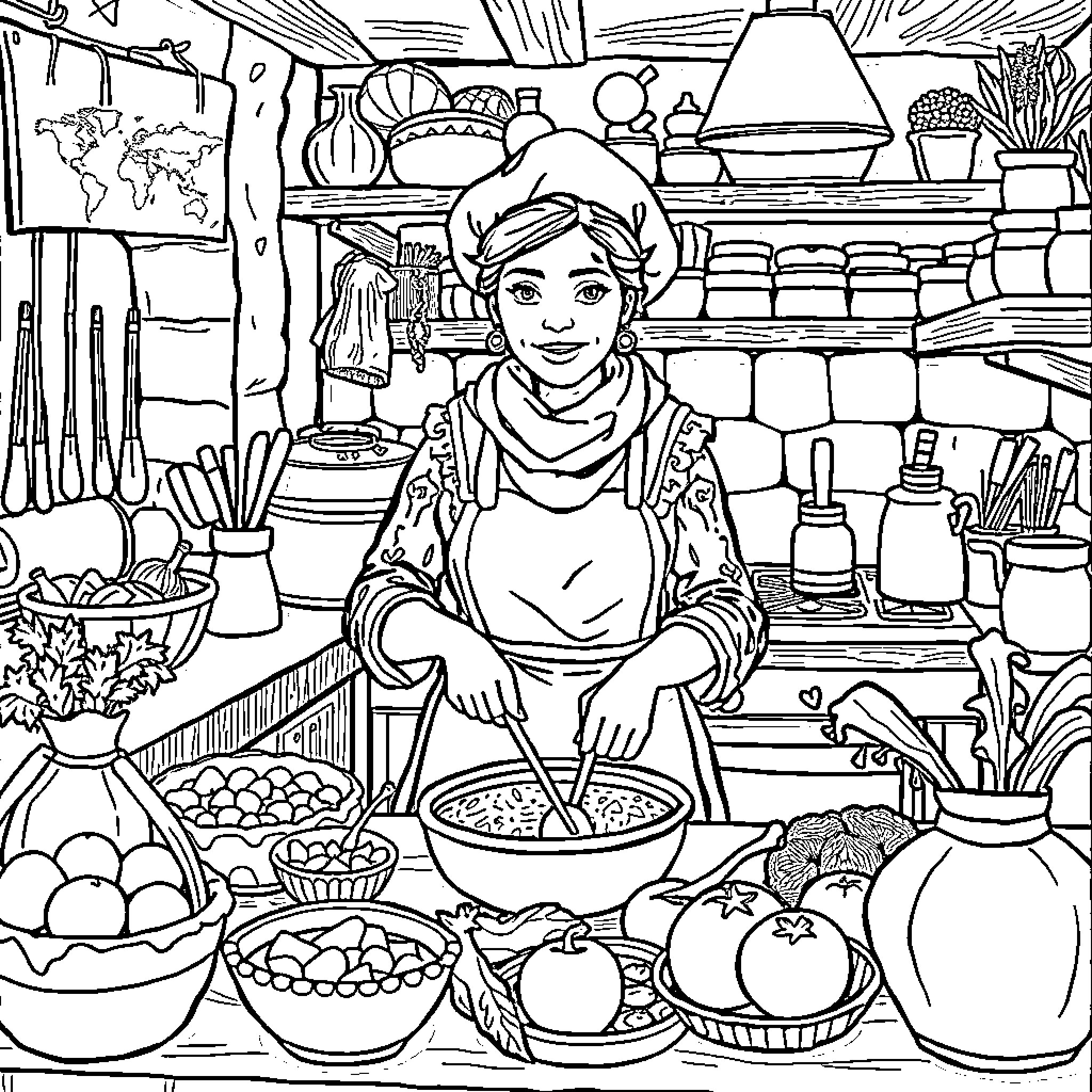 Lady Bob's Busy Kitchen: Cooking and Preparing Meals Coloring Page (free black-and-white line drawing printable PDF for all, from beginners to advanced learners, including children, teens, adults, and seniors)