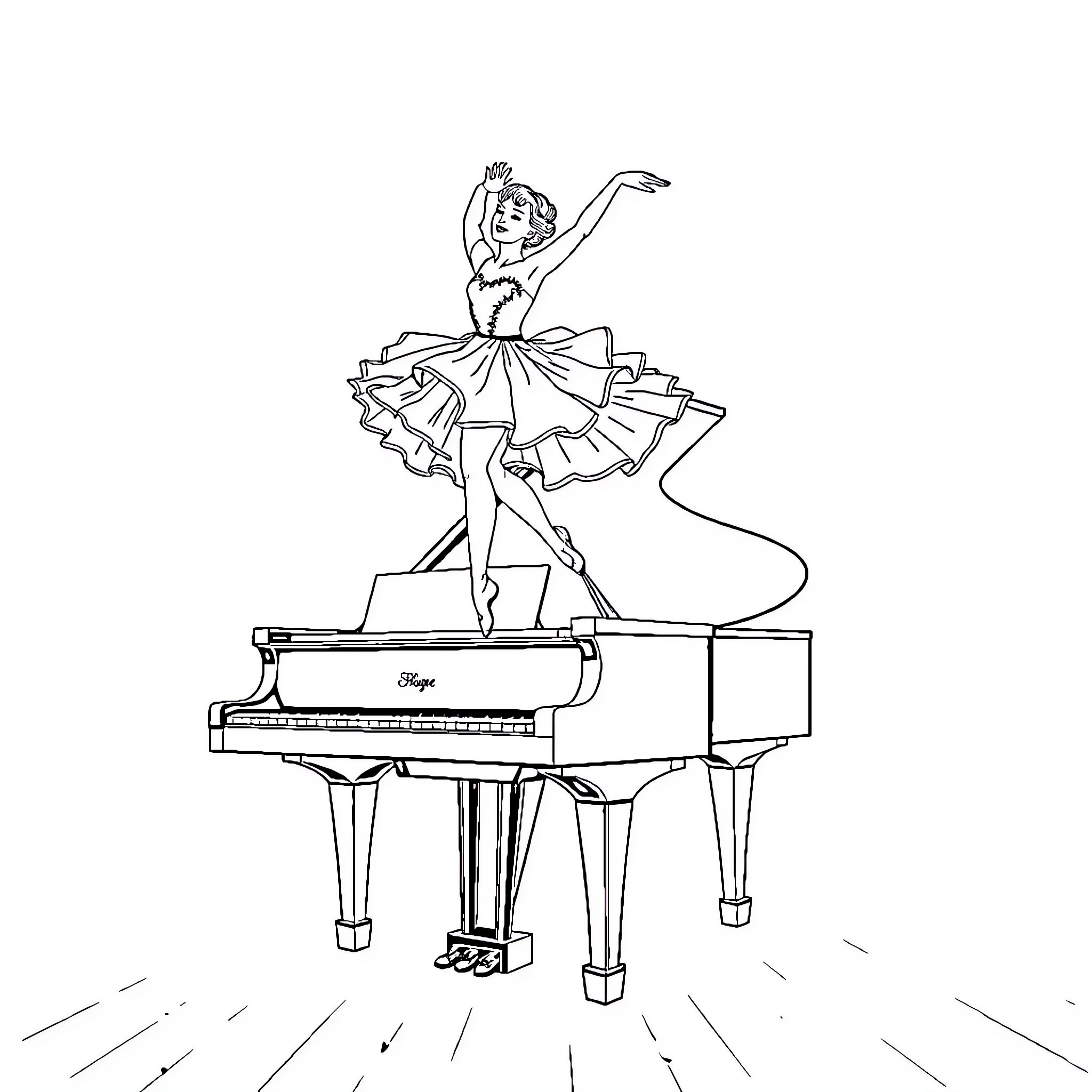 Ballerina gracefully dancing on a grand piano Coloring Page (free black-and-white line drawing printable PDF for all, from beginners to advanced learners, including children, teens, adults, and seniors)