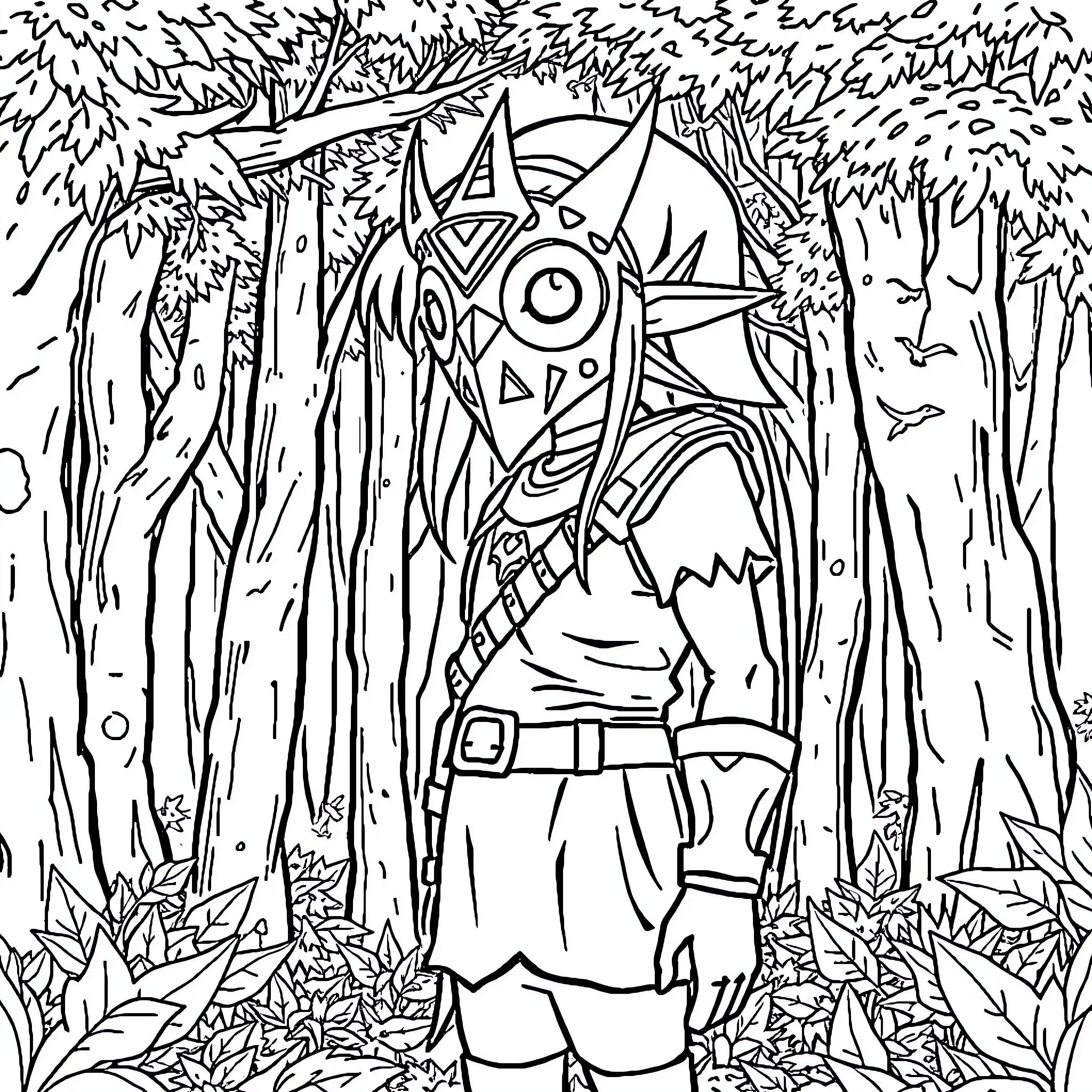 Link's Adventure in the Enchanted Forest Coloring Page (free black-and-white line drawing printable PDF for all, from beginners to advanced learners, including children, teens, adults, and seniors)