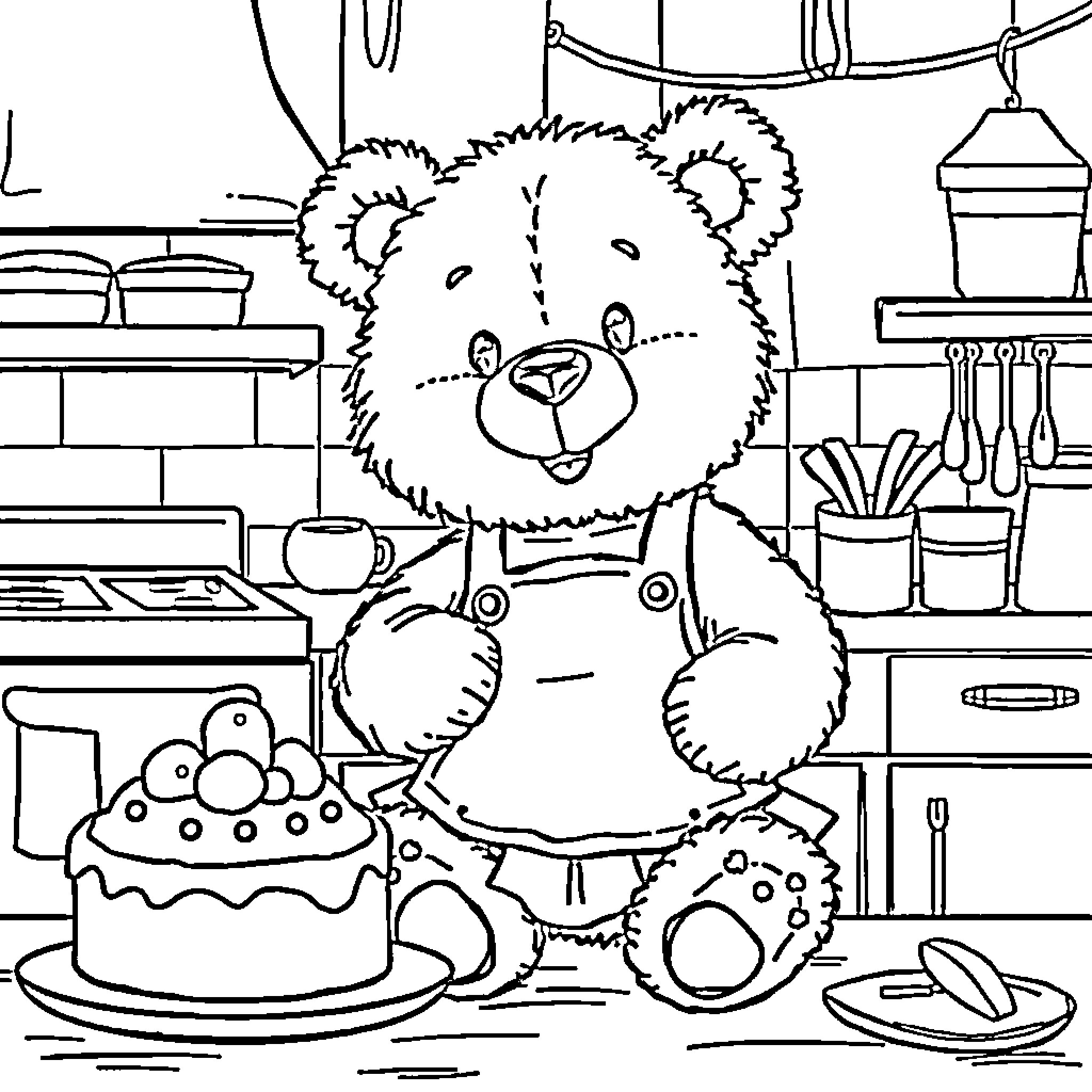 Teddy Bear Baking and Enjoying a Cake in the Kitchen Coloring Page (free black-and-white line drawing printable PDF for all, from beginners to advanced learners, including children, teens, adults, and seniors)