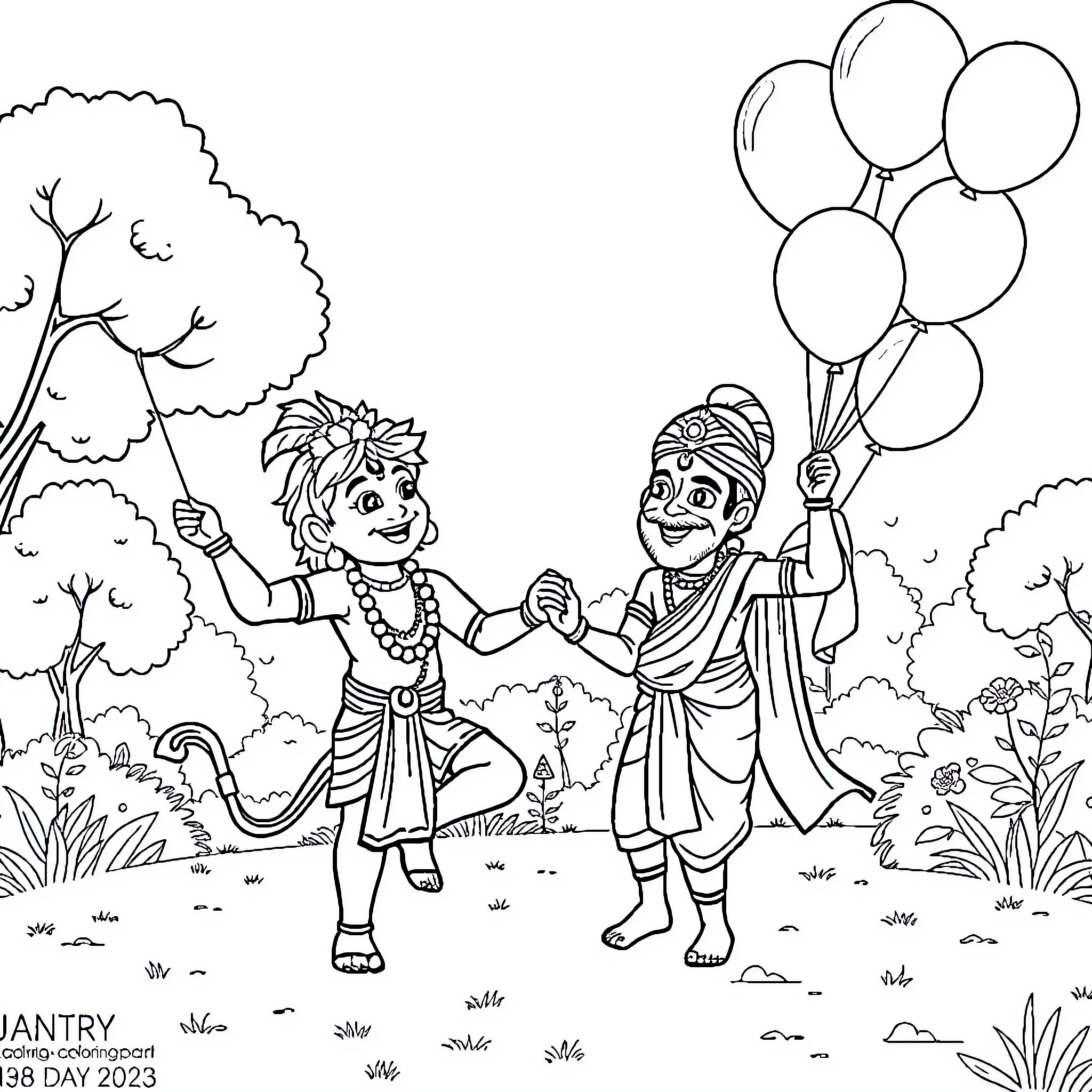 Hanuman and Lakshman joyfully celebrate together Coloring Page (free black-and-white line drawing printable PDF for all, from beginners to advanced learners, including children, teens, adults, and seniors)