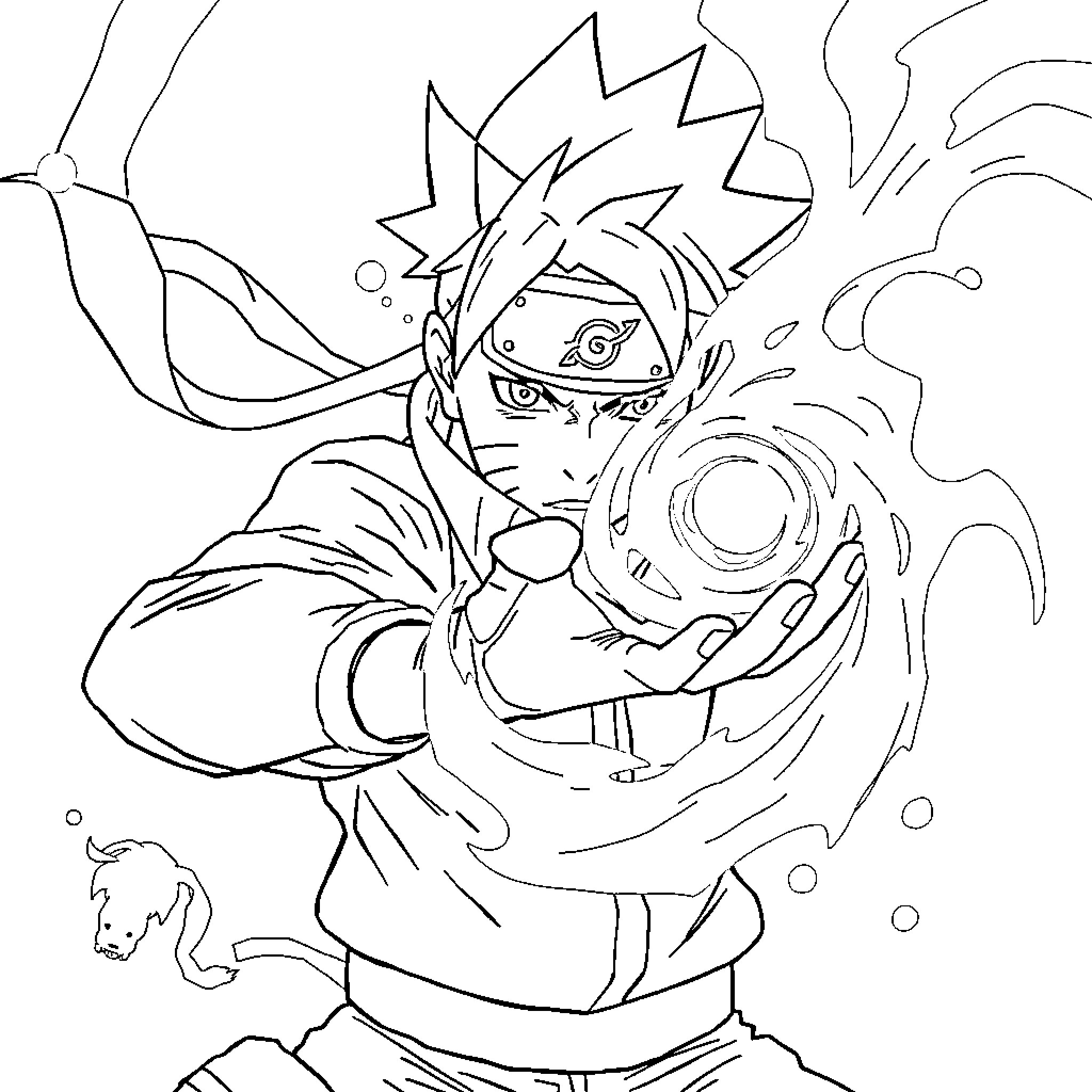 Naruto wielding chakra orb in action pose Coloring Page (free black-and-white line drawing printable PDF for all, from beginners to advanced learners, including children, teens, adults, and seniors)