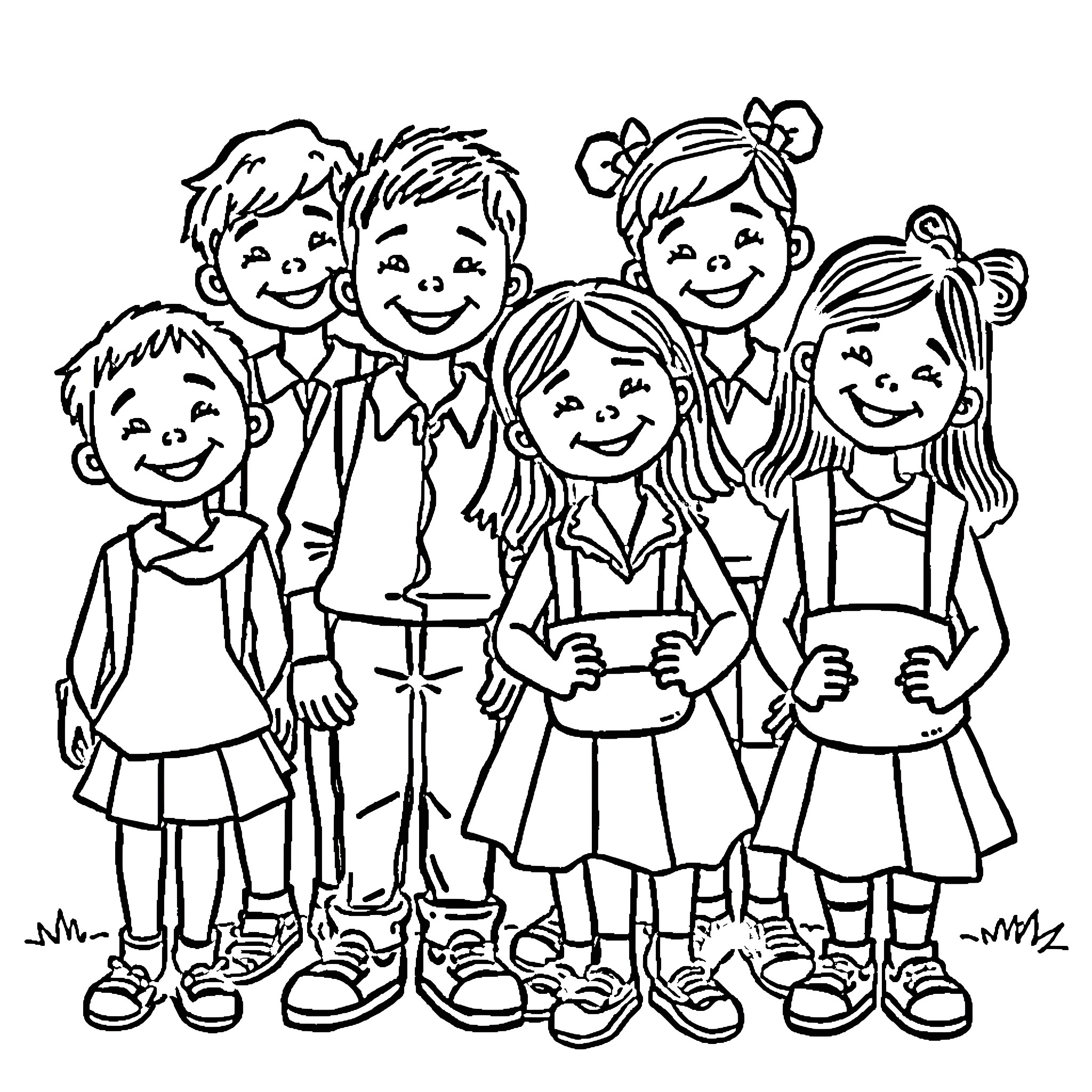 Kid group portrait with happy expressions Coloring Page (free black-and-white line drawing printable PDF for all, from beginners to advanced learners, including children, teens, adults, and seniors)