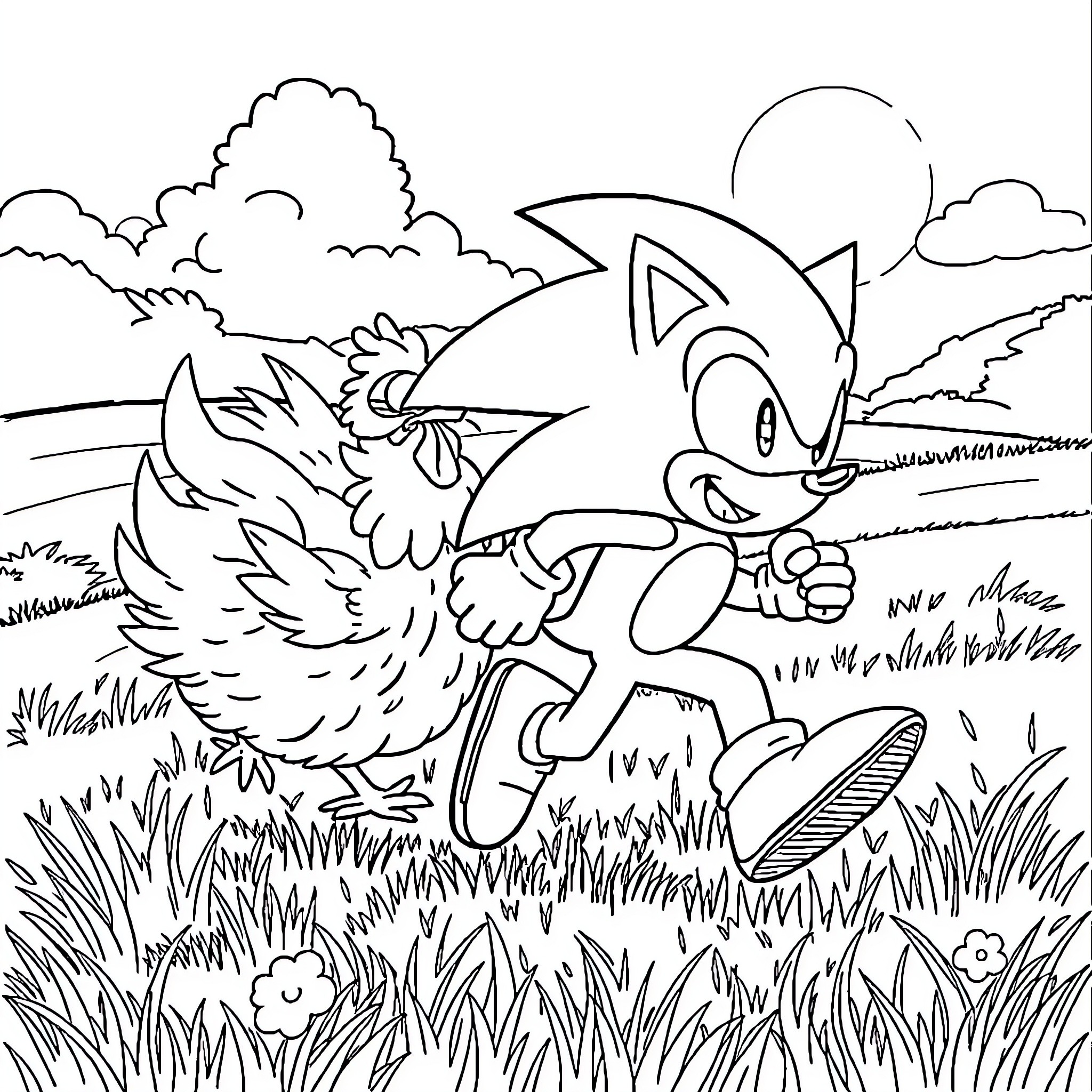 Sonic running through the grassy meadow Coloring Page (free black-and-white line drawing printable PDF for all, from beginners to advanced learners, including children, teens, adults, and seniors)