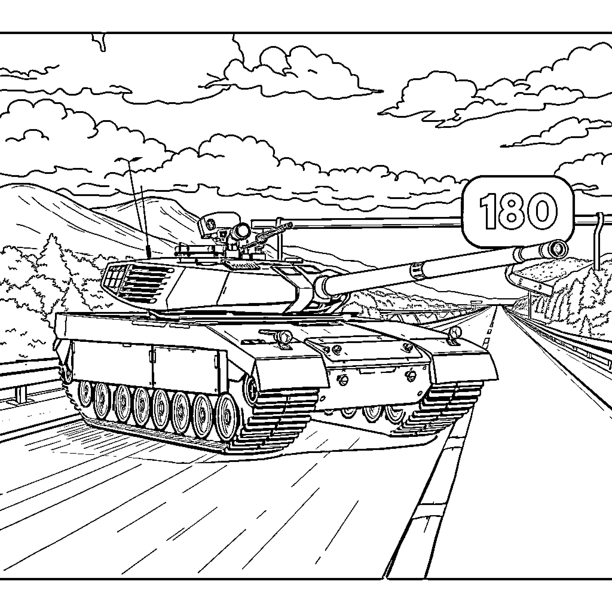 Tank in Action on Battlefield Coloring Page (free black-and-white line drawing printable PDF for all, from beginners to advanced learners, including children, teens, adults, and seniors)