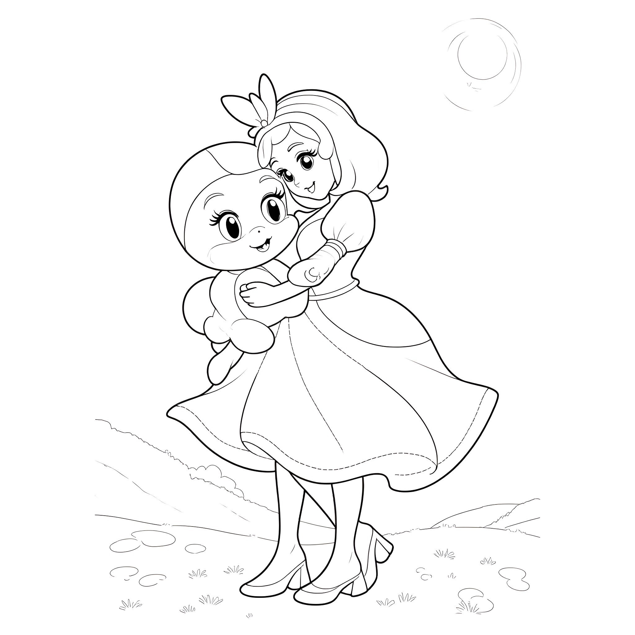 Princess embracing a cute animal companion Coloring Page (free black-and-white line drawing printable PDF for all, from beginners to advanced learners, including children, teens, adults, and seniors)
