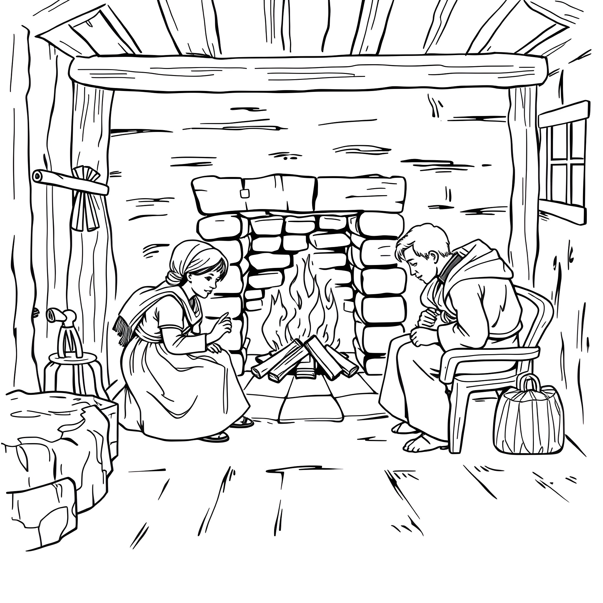 Family Gathered Around the Fireplace Coloring Page (free black-and-white line drawing printable PDF for all, from beginners to advanced learners, including children, teens, adults, and seniors)