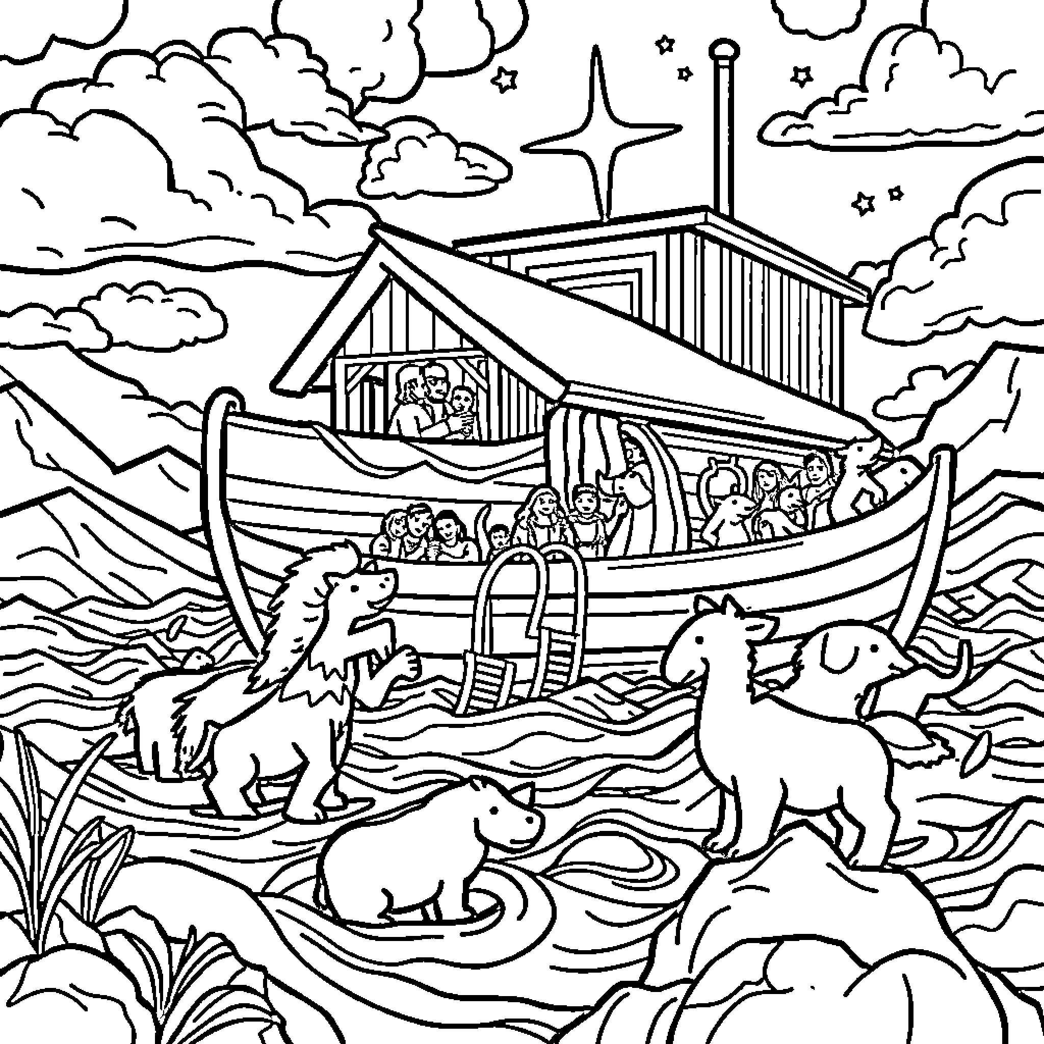 Noah's Ark Sailing Through the Stormy Seas Coloring Page (free black-and-white line drawing printable PDF for all, from beginners to advanced learners, including children, teens, adults, and seniors)