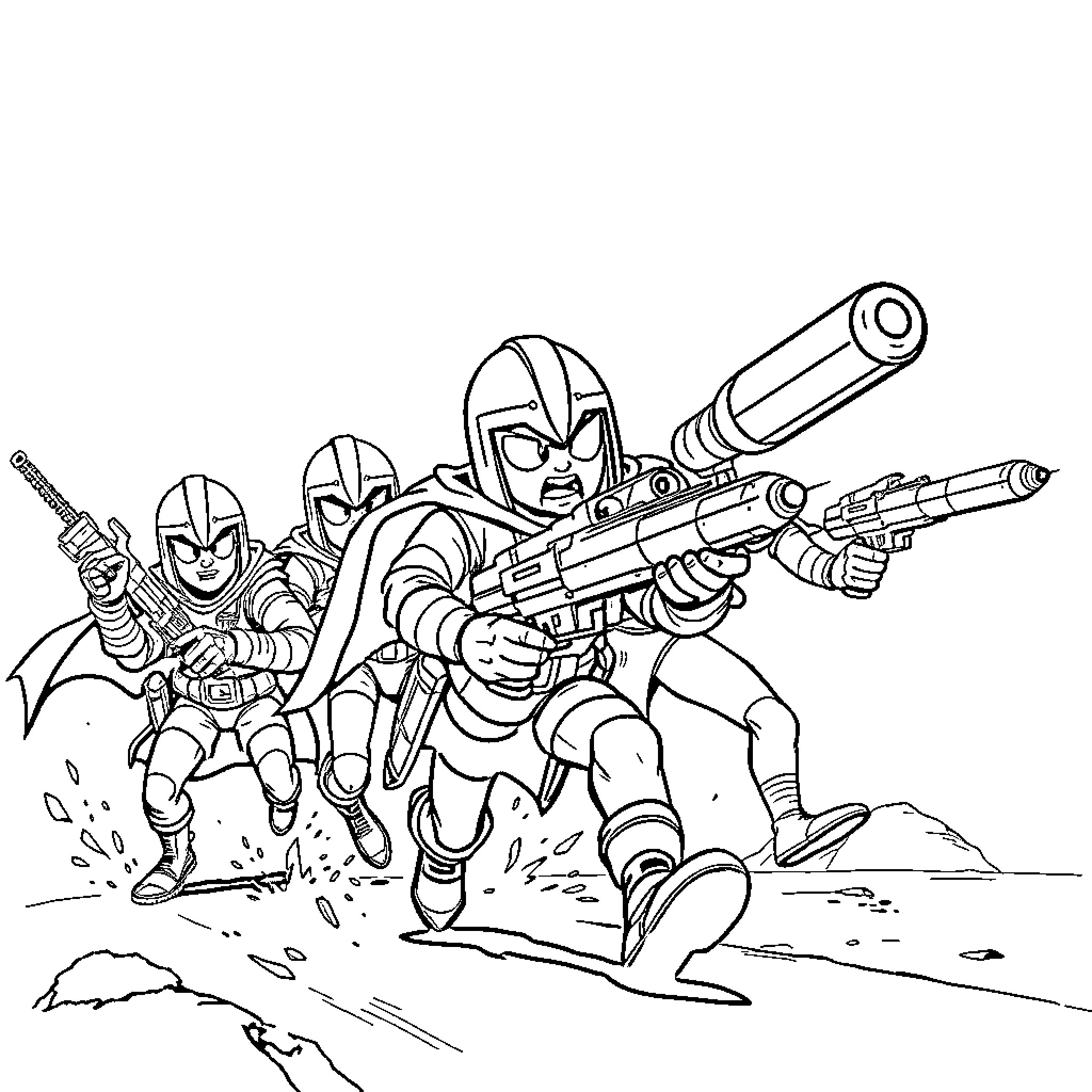 G Force: Futuristic Soldiers in Action Coloring Page (free black-and-white line drawing printable PDF for all, from beginners to advanced learners, including children, teens, adults, and seniors)