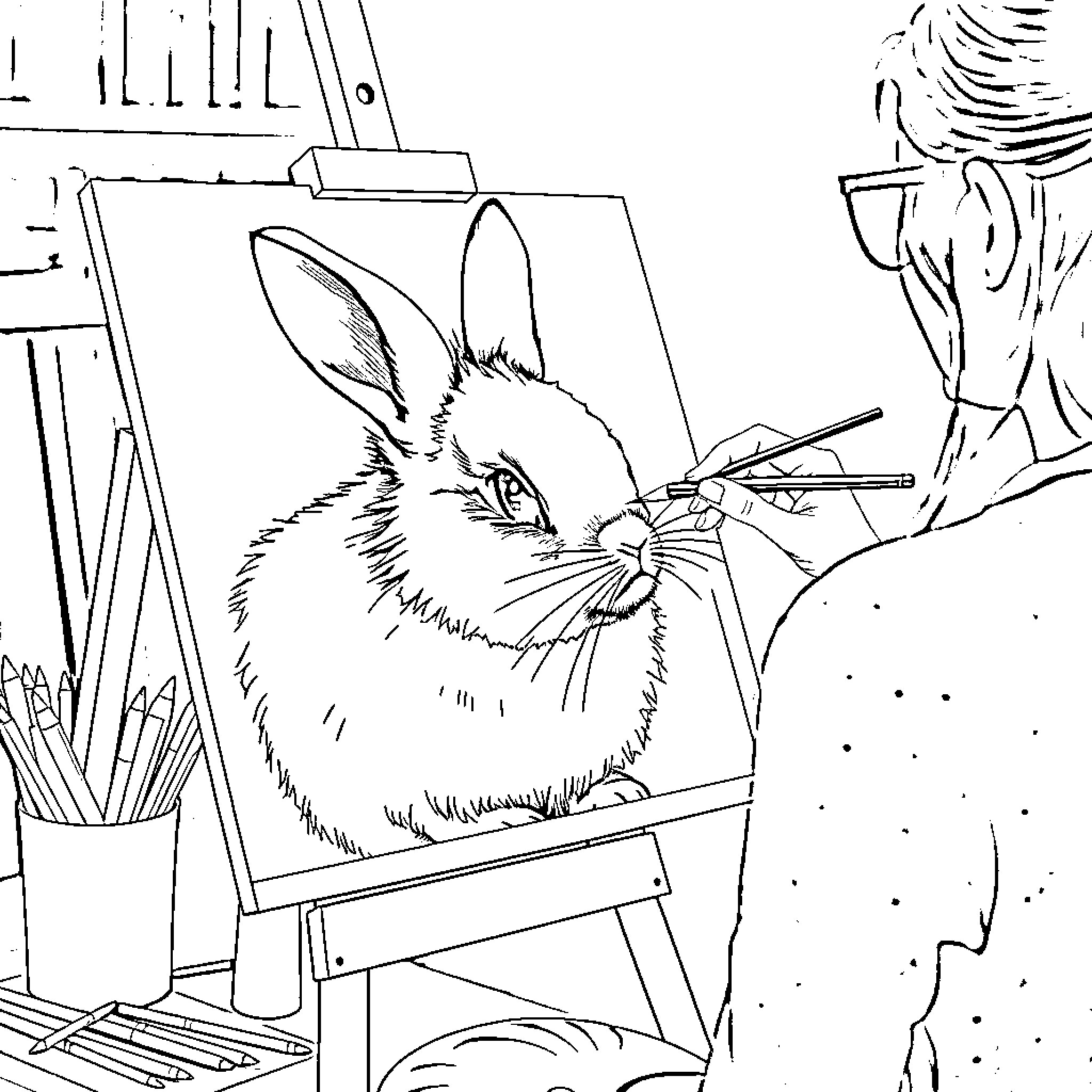 Woman painting a rabbit on canvas Coloring Page (free black-and-white line drawing printable PDF for all, from beginners to advanced learners, including children, teens, adults, and seniors)