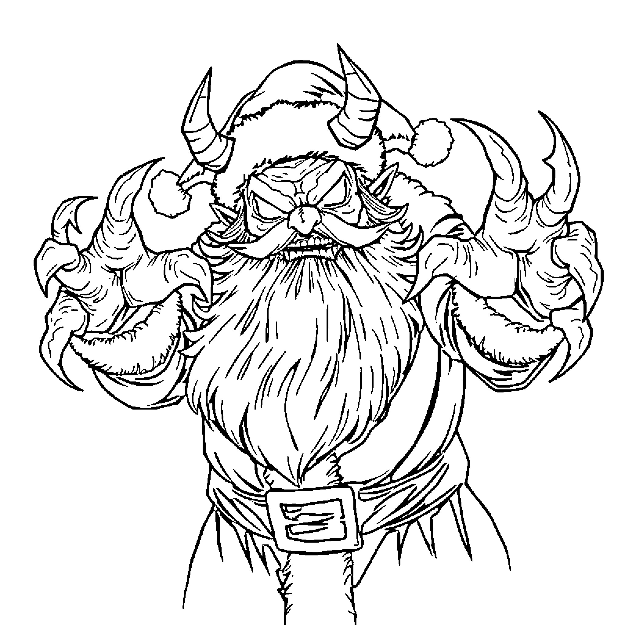Demon Santa with Menacing Appearance and Claws Coloring Page (free black-and-white line drawing printable PDF for all, from beginners to advanced learners, including children, teens, adults, and seniors)