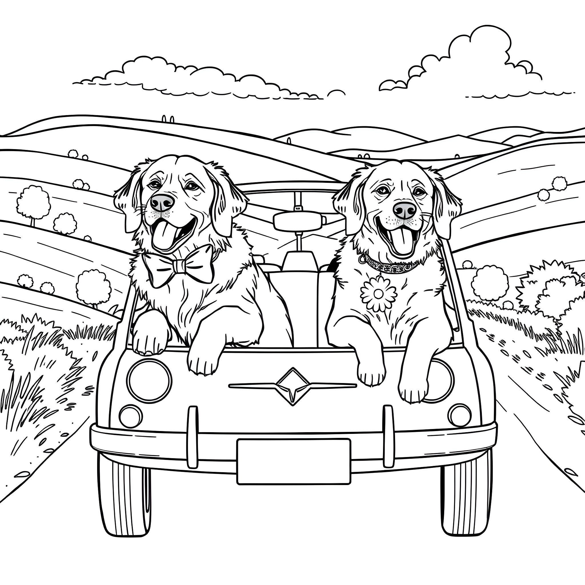 Golden Retriever Dogs Traveling in Vintage Car Coloring Page (free black-and-white line drawing printable PDF for all, from beginners to advanced learners, including children, teens, adults, and seniors)