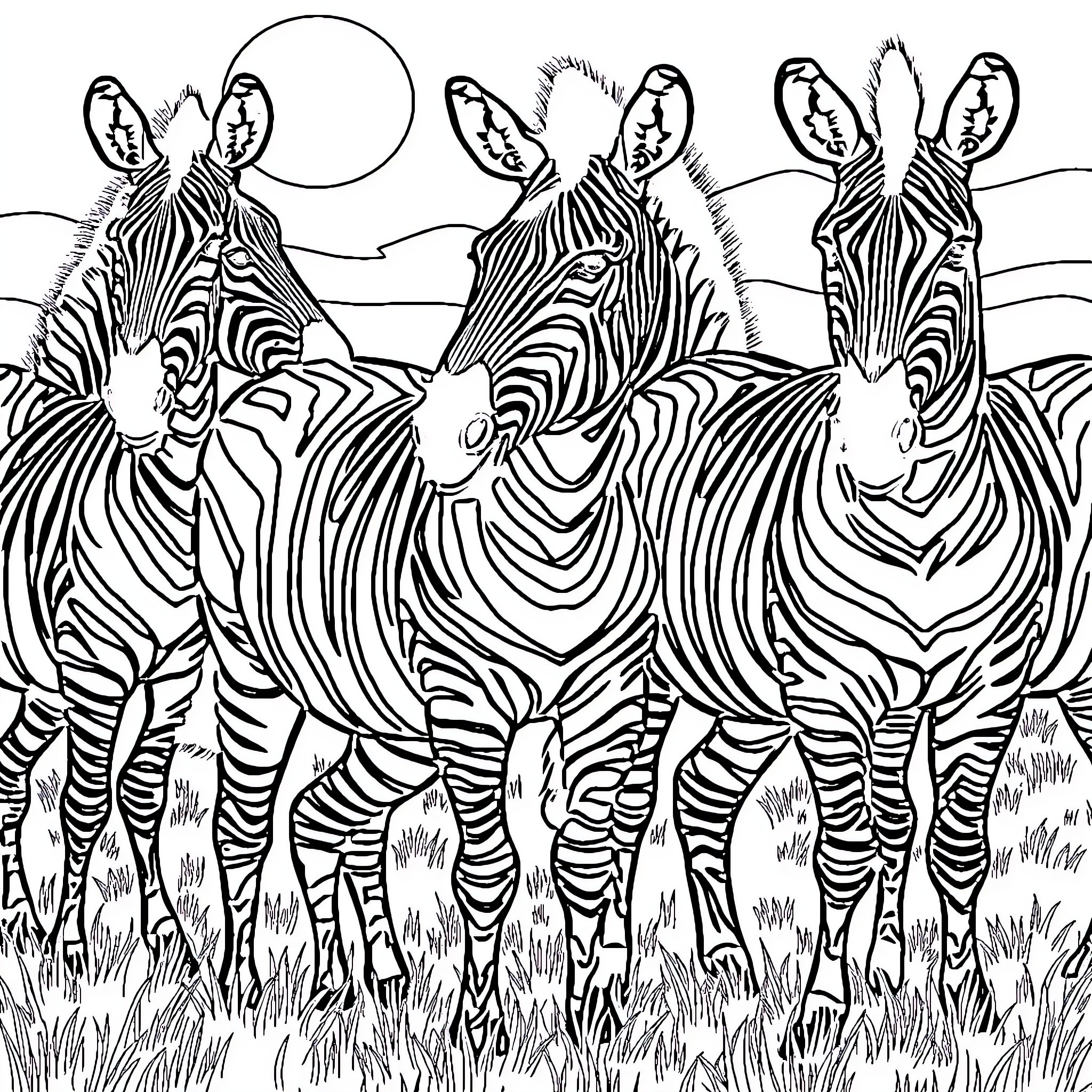 Zebra herd grazing peacefully on the savanna Coloring Page (free black-and-white line drawing printable PDF for all, from beginners to advanced learners, including children, teens, adults, and seniors)
