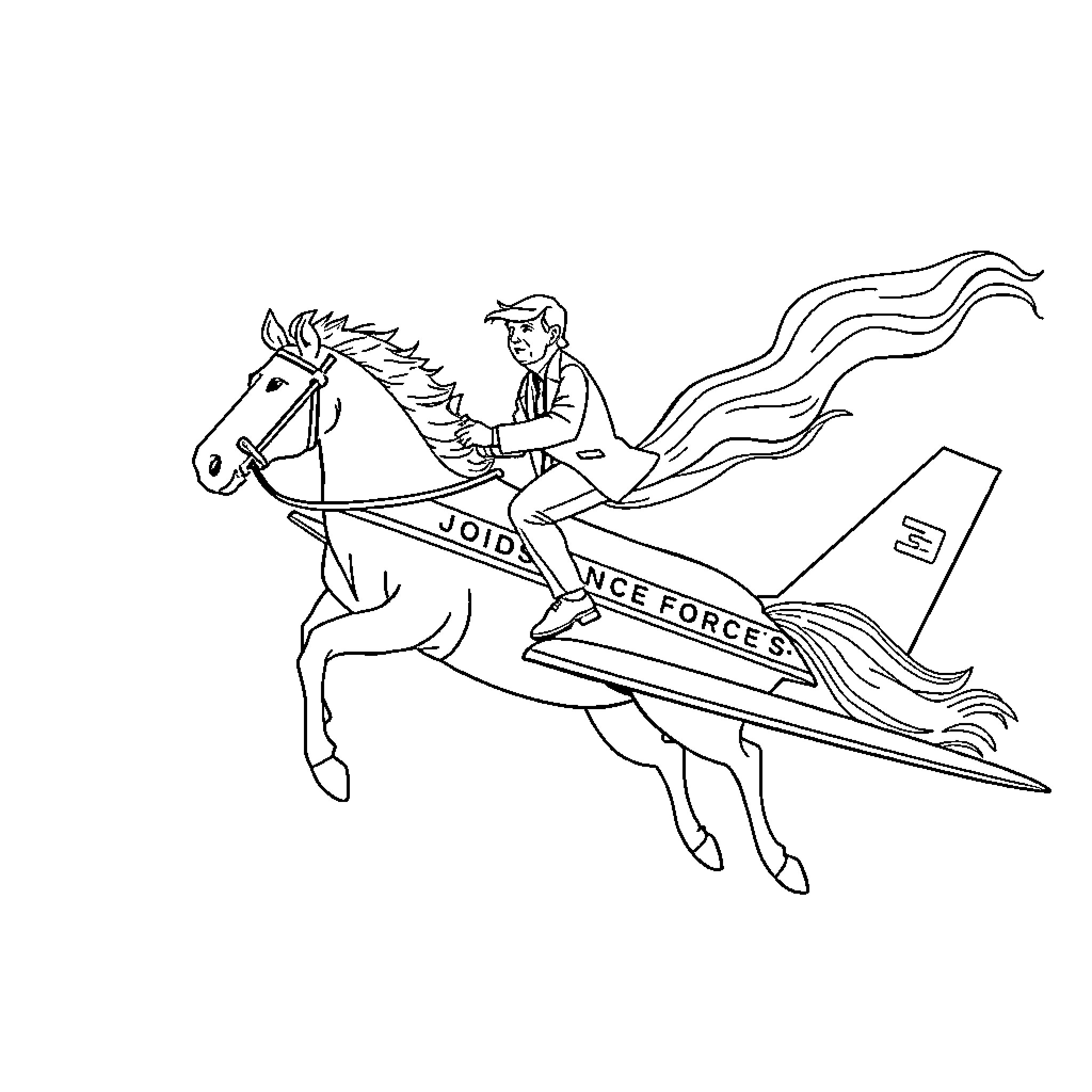 Trump on horseback with Vote Force banner Coloring Page (free black-and-white line drawing printable PDF for all, from beginners to advanced learners, including children, teens, adults, and seniors)