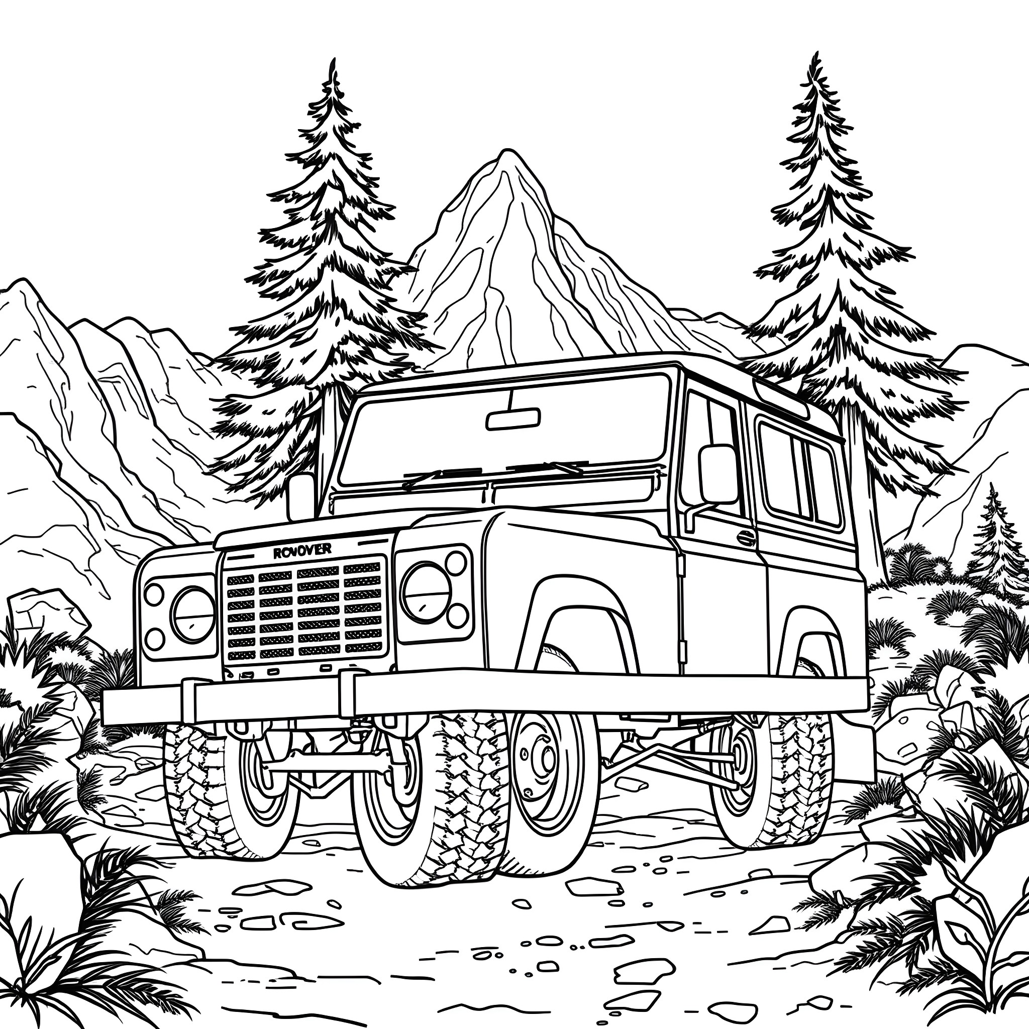 Land Rover Exploring the Rugged Landscape Coloring Page (free black-and-white line drawing printable PDF for all, from beginners to advanced learners, including children, teens, adults, and seniors)