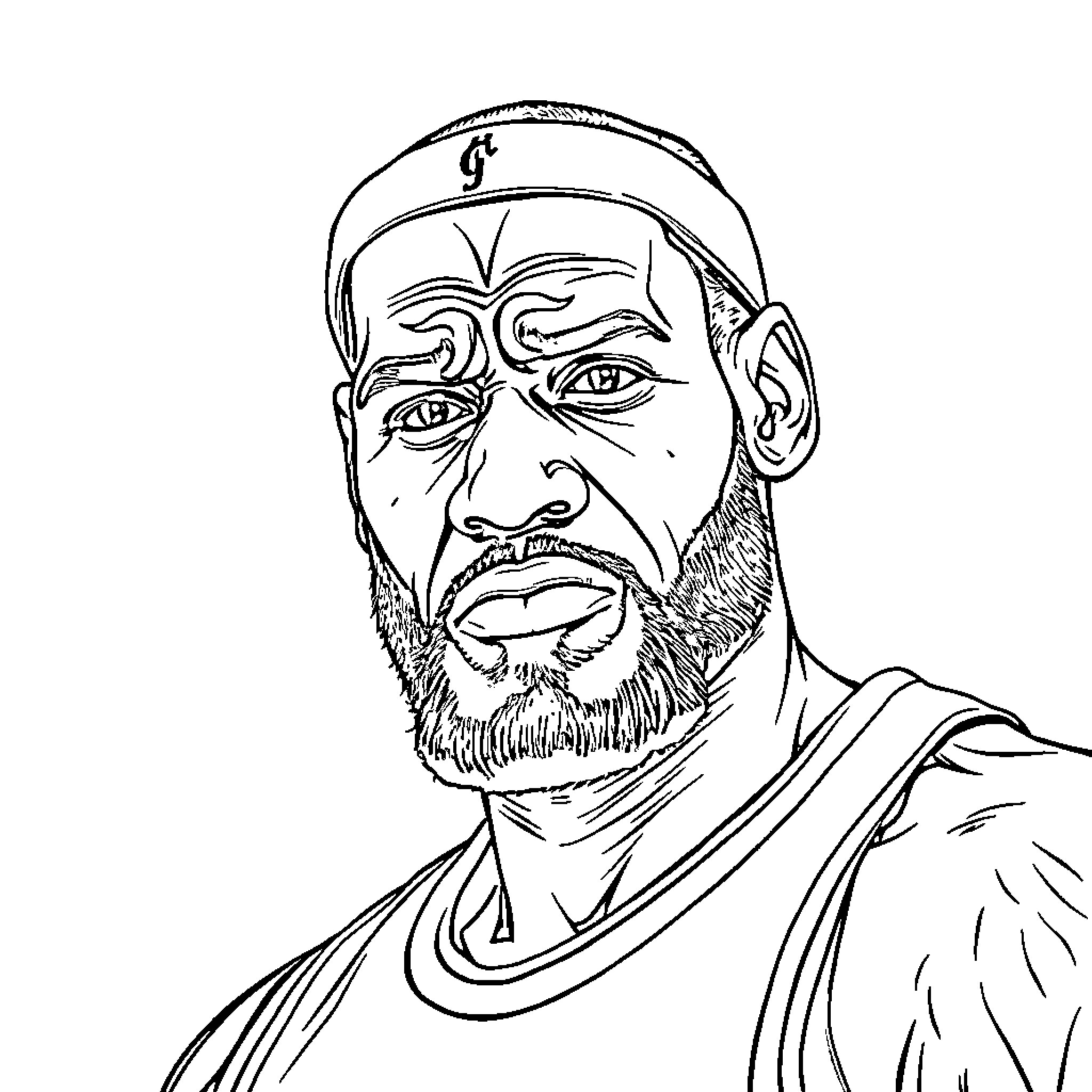 LeBron James in intense basketball focus Coloring Page (free black-and-white line drawing printable PDF for all, from beginners to advanced learners, including children, teens, adults, and seniors)