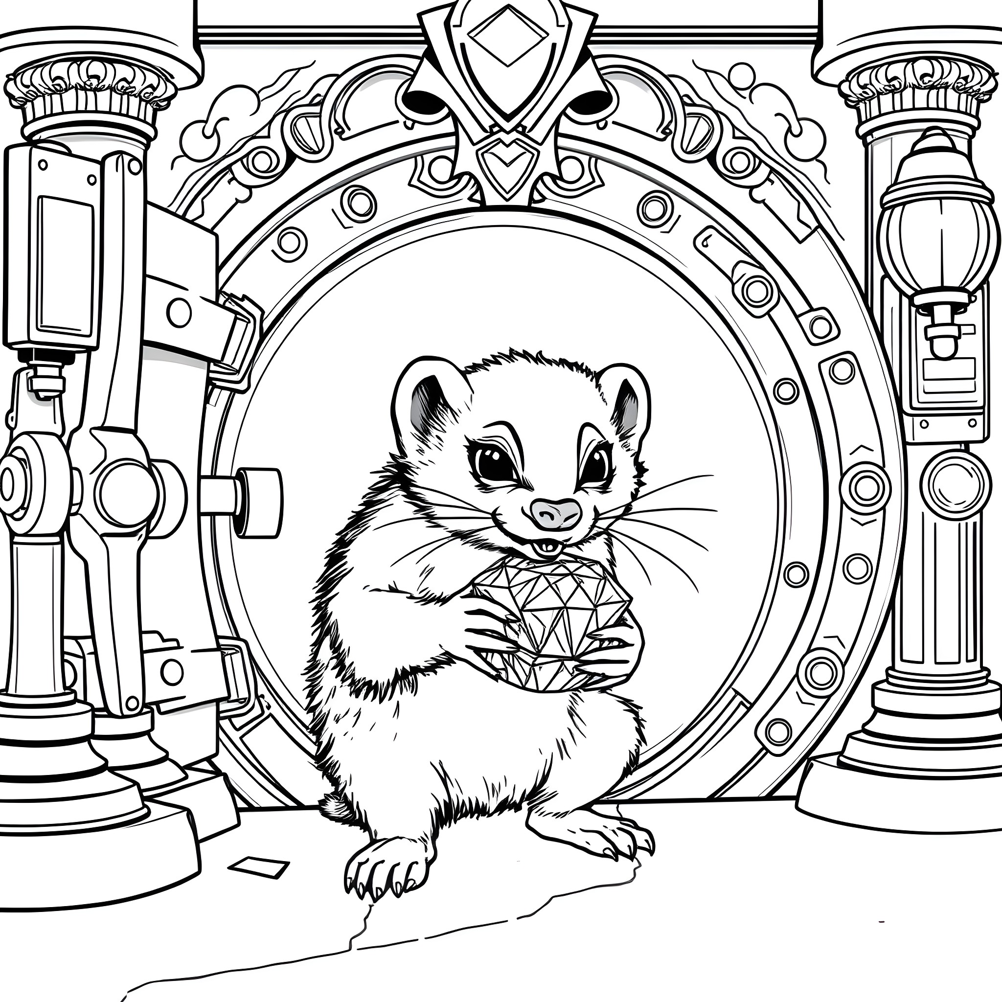 Ferret in a fantastical architectural setting Coloring Page (free black-and-white line drawing printable PDF for all, from beginners to advanced learners, including children, teens, adults, and seniors)