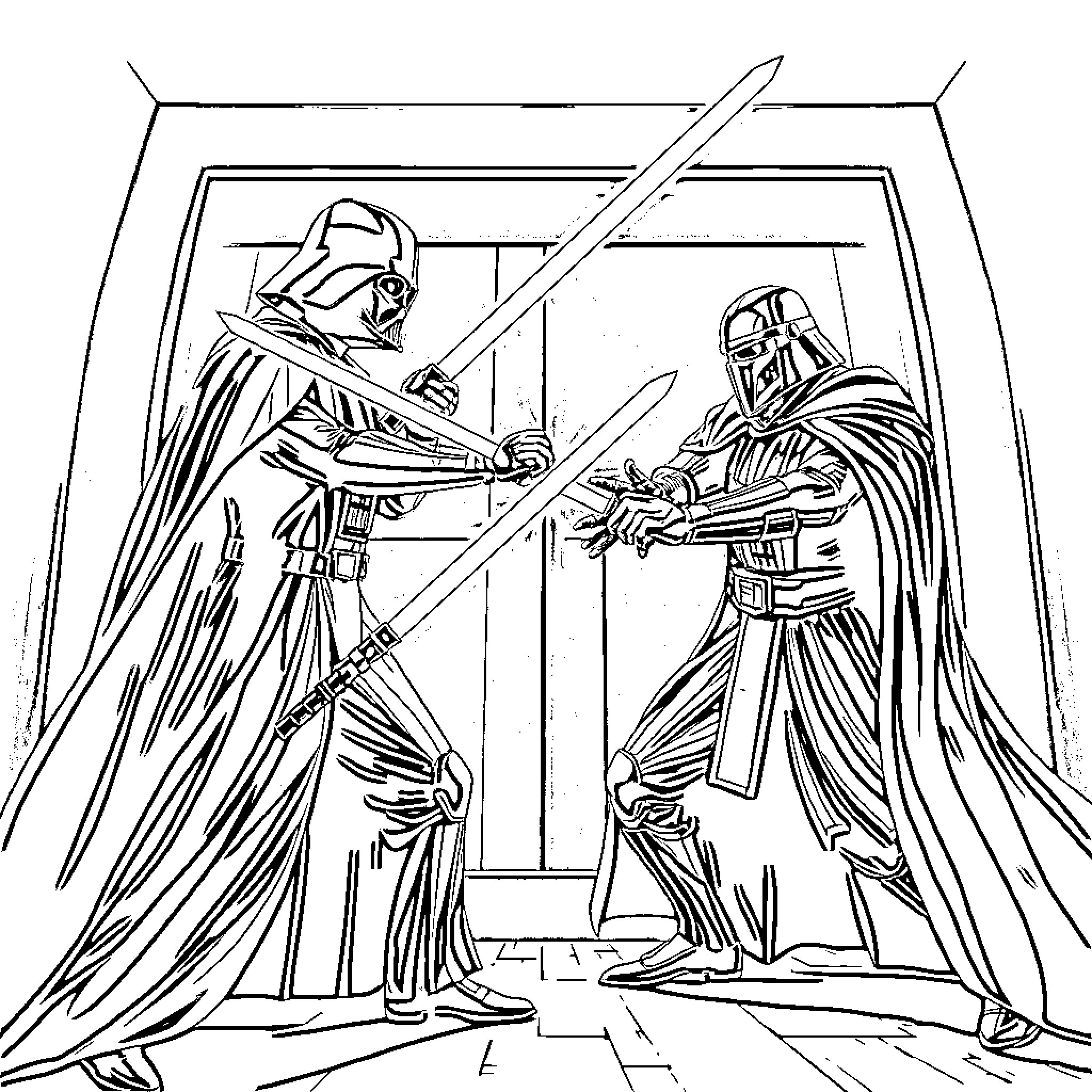 Darth Vader dueling with another Sith Lord Coloring Page (free black-and-white line drawing printable PDF for all, from beginners to advanced learners, including children, teens, adults, and seniors)
