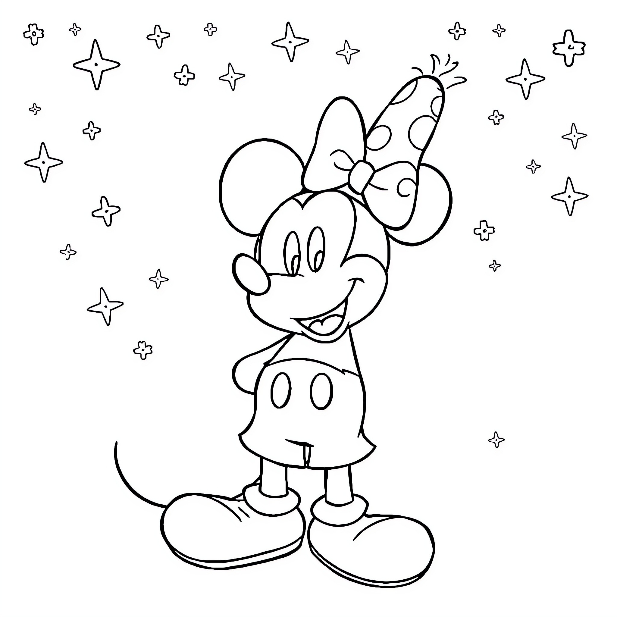 Mickey Mouse surrounded by twinkling stars Coloring Page (free black-and-white line drawing printable PDF for all, from beginners to advanced learners, including children, teens, adults, and seniors)