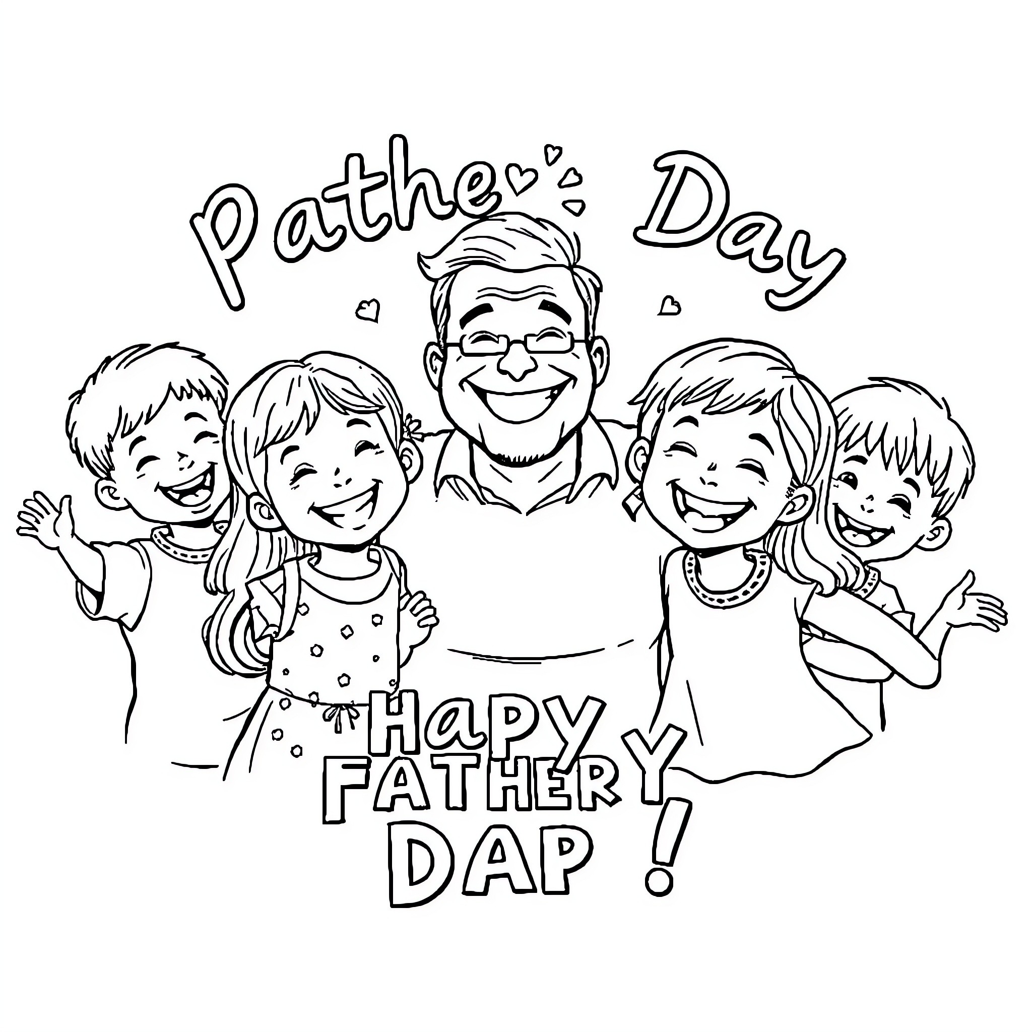 Dad with happy children on Father's Day Coloring Page (free black-and-white line drawing printable PDF for all, from beginners to advanced learners, including children, teens, adults, and seniors)