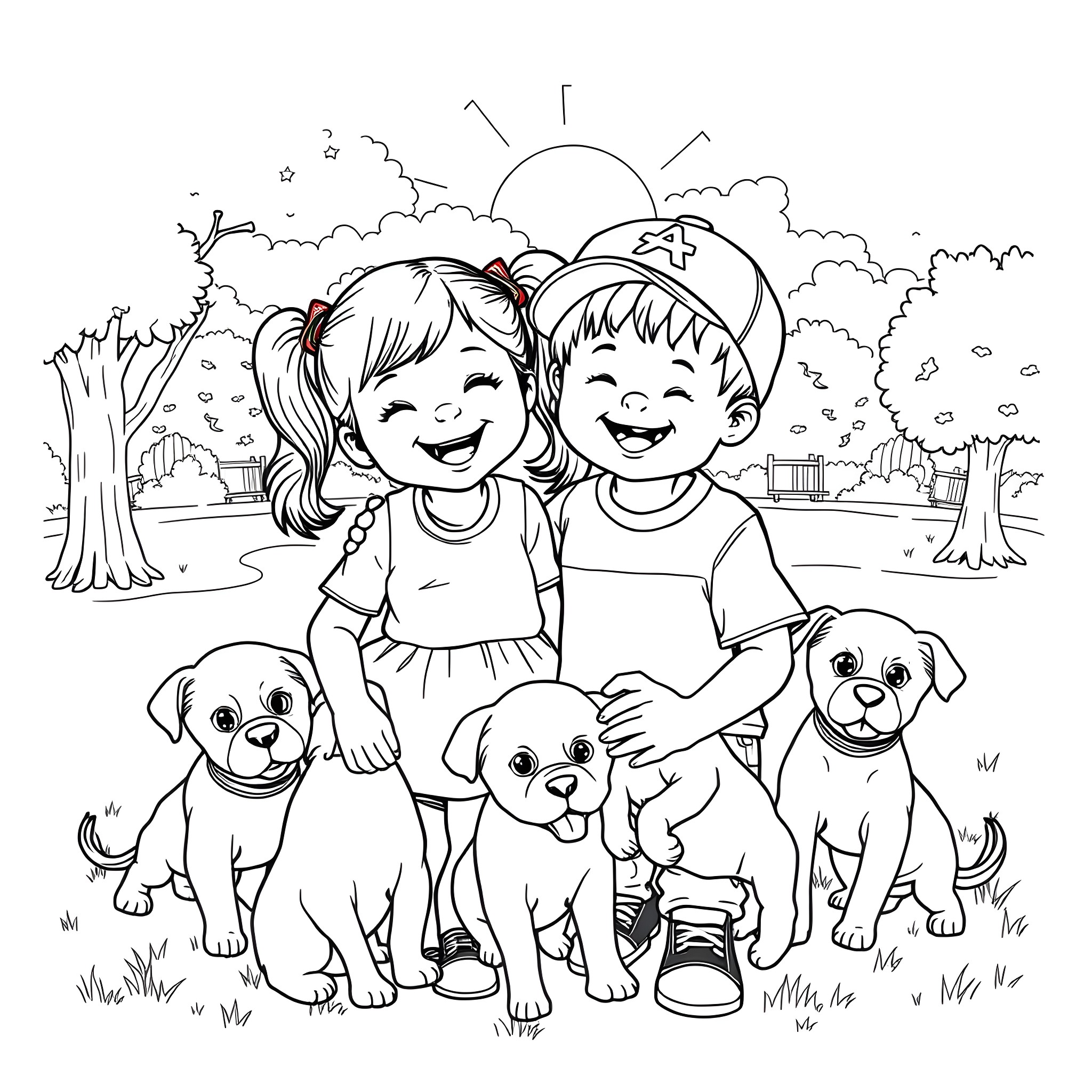 Kid friends playing with dogs in the park Coloring Page (free black-and-white line drawing printable PDF for all, from beginners to advanced learners, including children, teens, adults, and seniors)