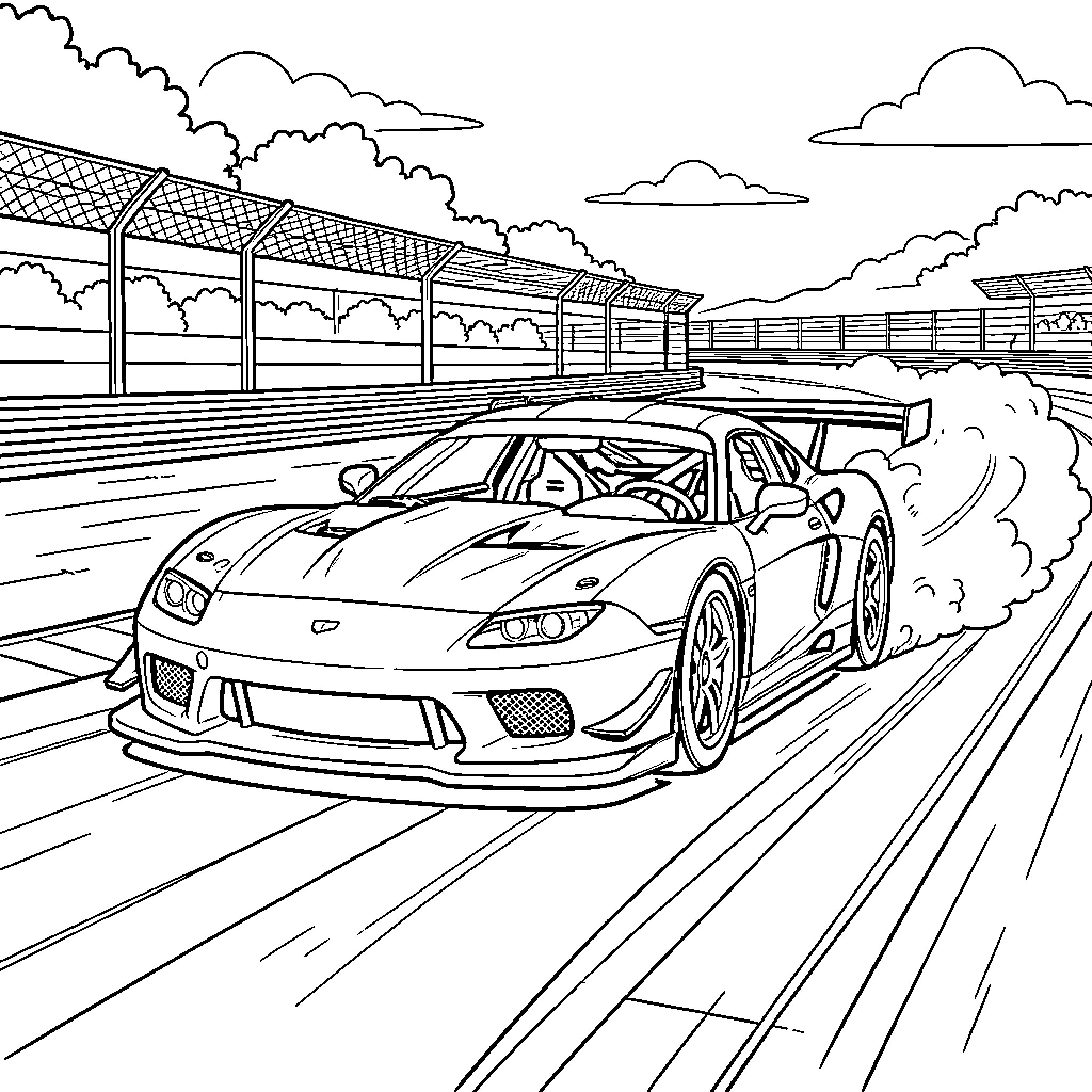 Race Car speeding fast on a professional track Coloring Page (free black-and-white line drawing printable PDF for all, from beginners to advanced learners, including children, teens, adults, and seniors)