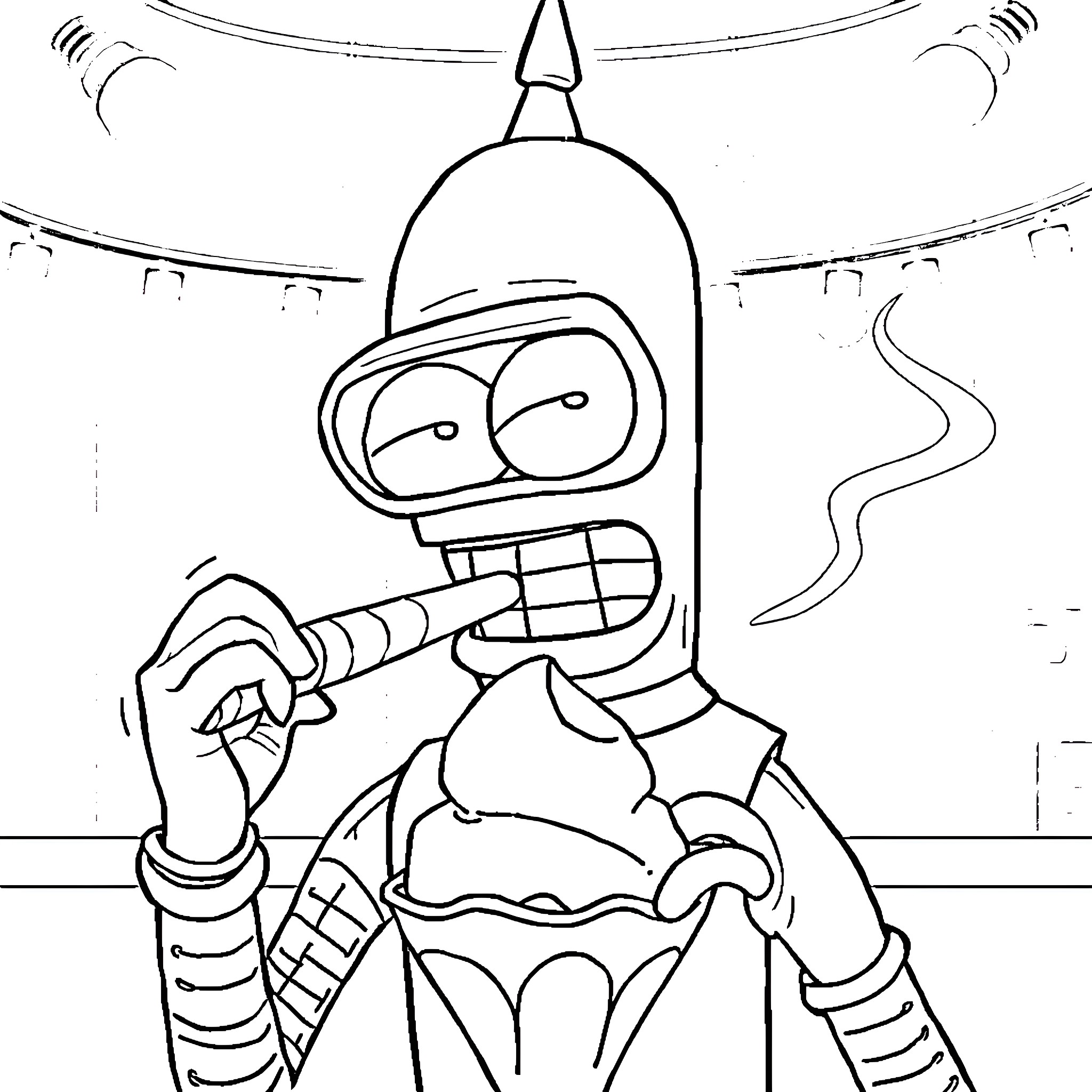 Bender enjoying a frozen treat in the futuristic setting Coloring Page (free black-and-white line drawing printable PDF for all, from beginners to advanced learners, including children, teens, adults, and seniors)