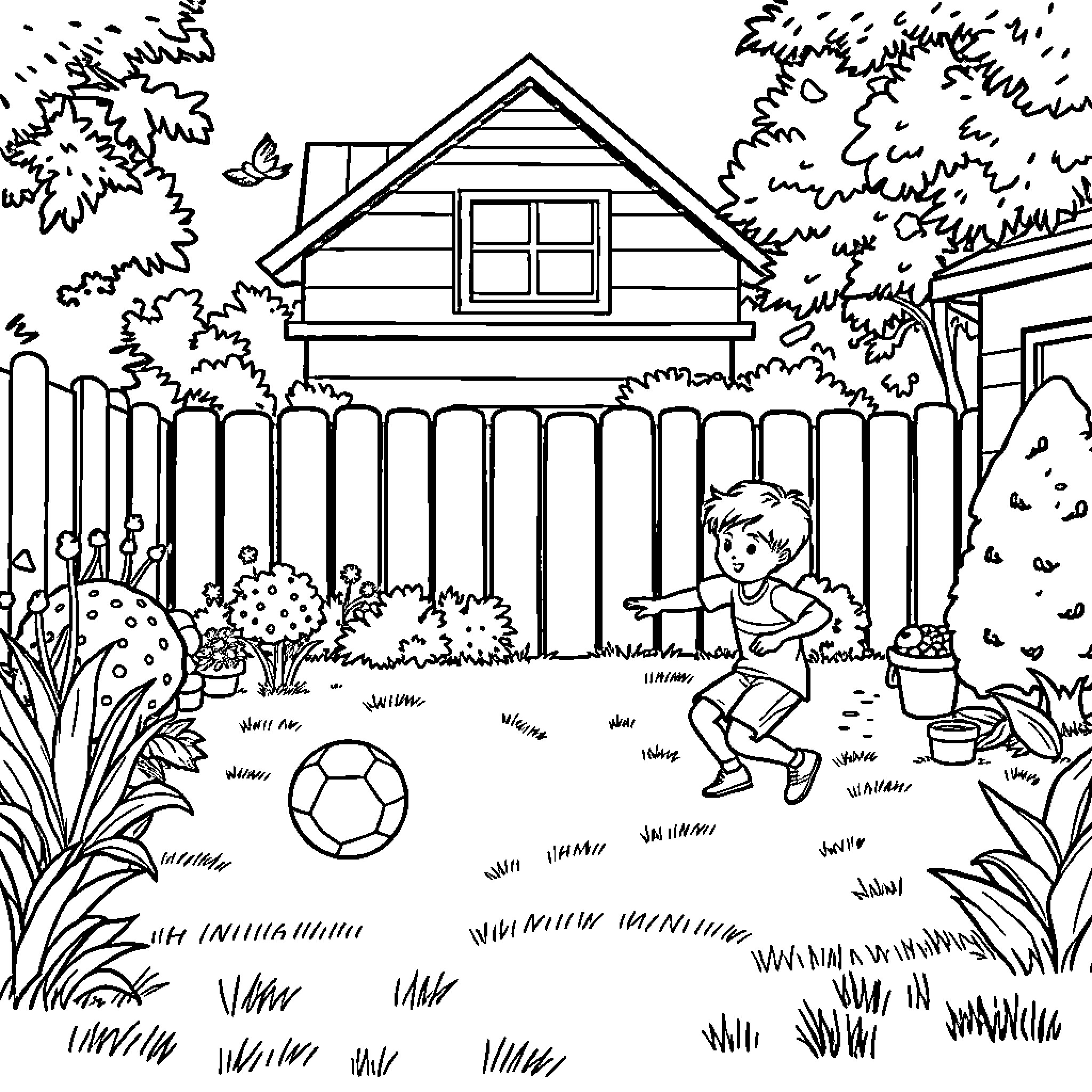 Boy playing with soccer ball in the backyard Coloring Page (free black-and-white line drawing printable PDF for all, from beginners to advanced learners, including children, teens, adults, and seniors)