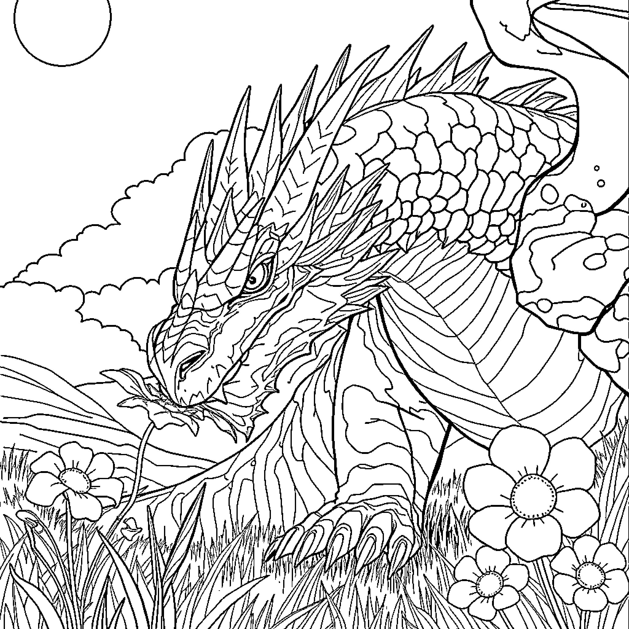 Smaug the Formidable Dragon Amid Fantastical Foliage Coloring Page (free black-and-white line drawing printable PDF for all, from beginners to advanced learners, including children, teens, adults, and seniors)