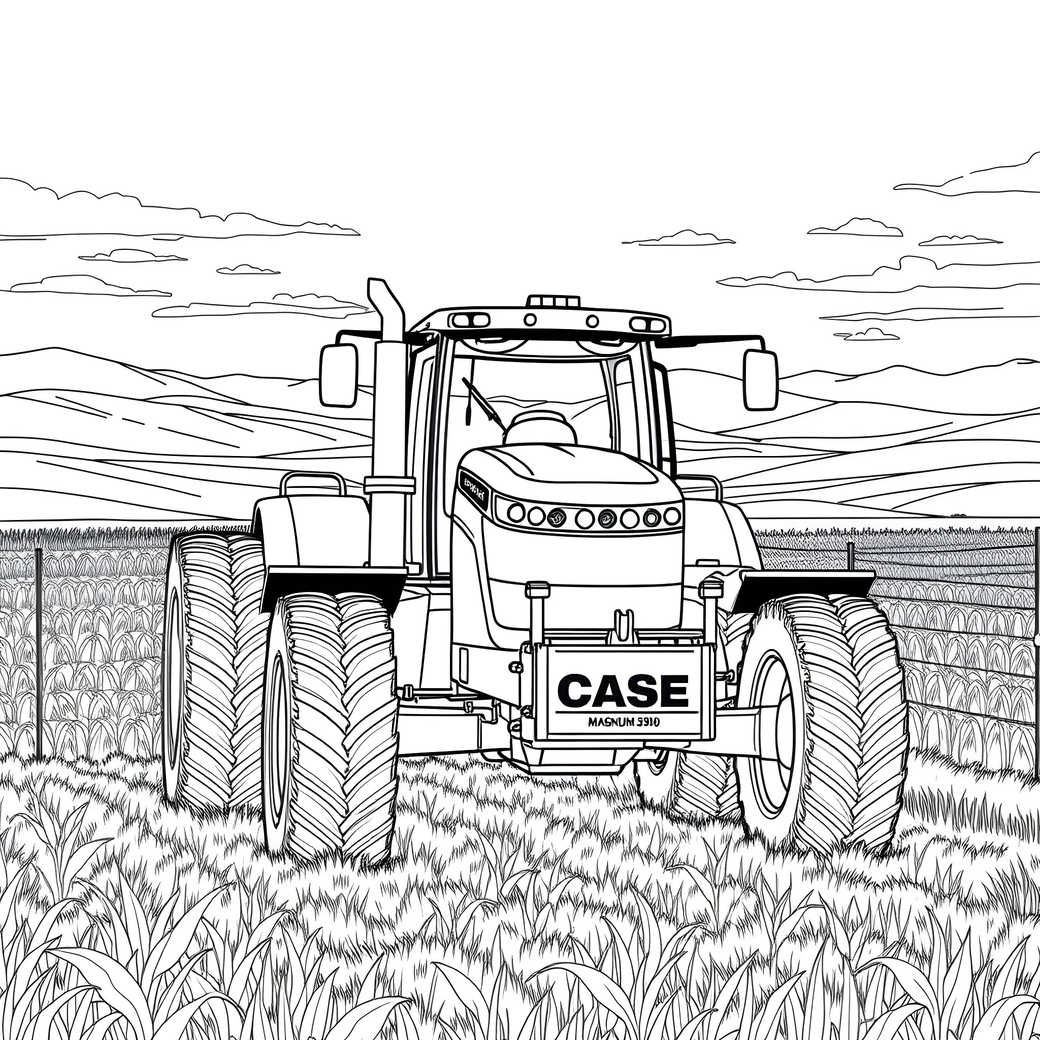 Tractor working in the countryside Coloring Page (free black-and-white line drawing printable PDF for all, from beginners to advanced learners, including children, teens, adults, and seniors)