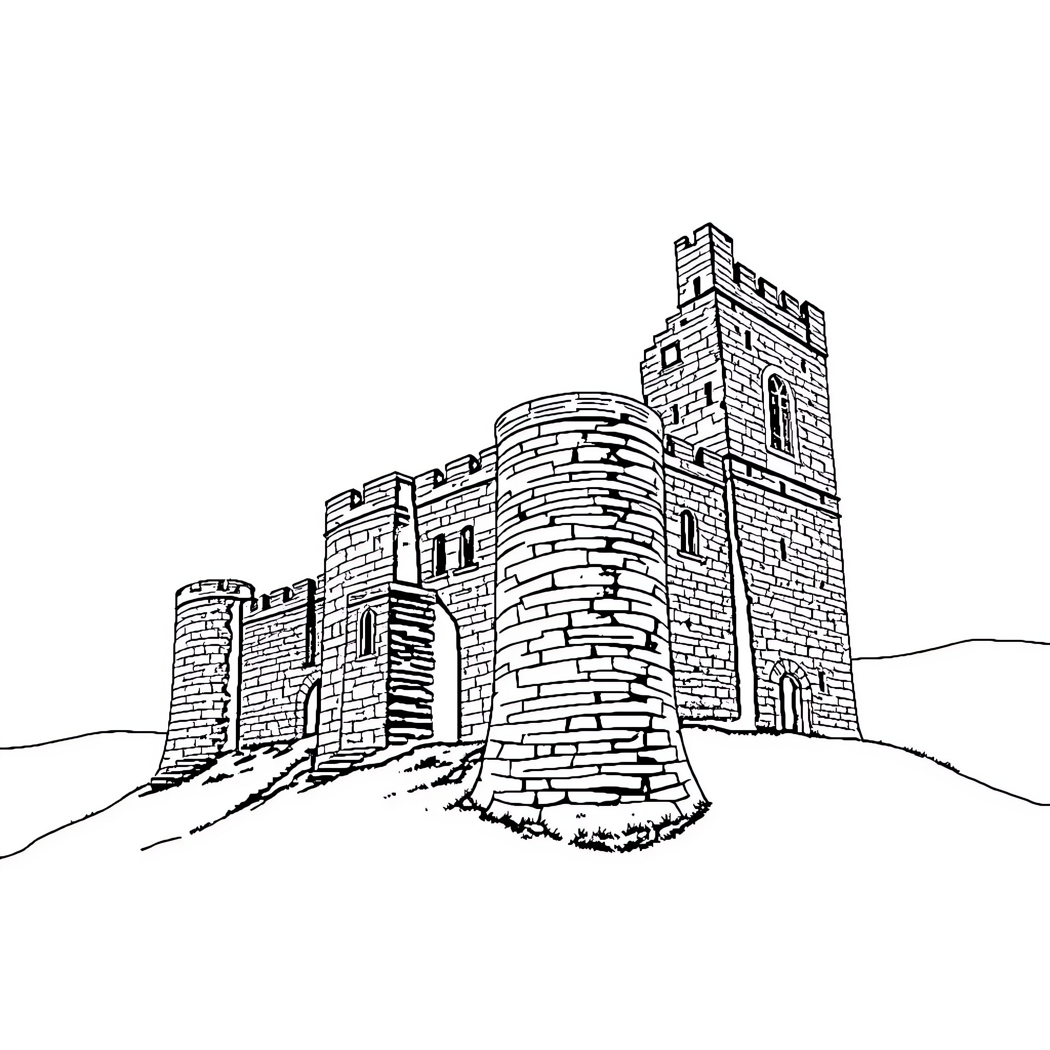 Castle standing proudly on the hilltop Coloring Page (free black-and-white line drawing printable PDF for all, from beginners to advanced learners, including children, teens, adults, and seniors)