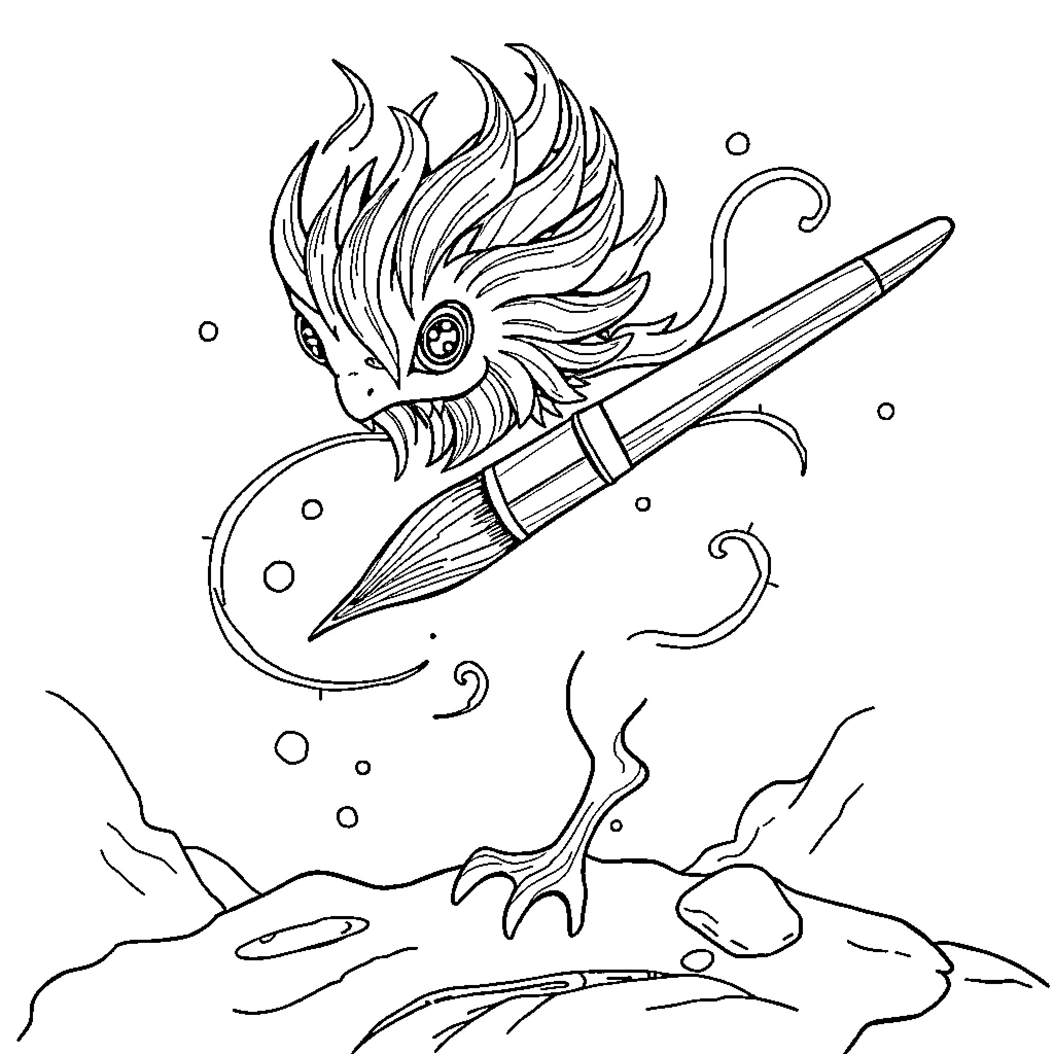 Paintbrush with Fantastical Creature Coloring Page (free black-and-white line drawing printable PDF for all, from beginners to advanced learners, including children, teens, adults, and seniors)