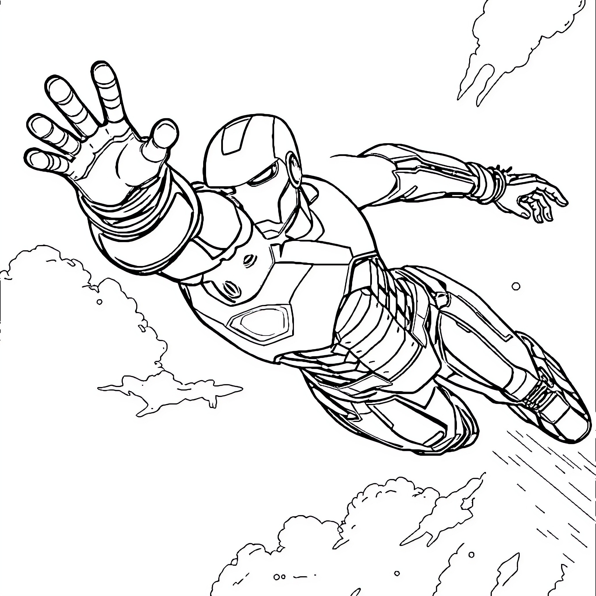 Ironman soaring through the sky with outstretched hands Coloring Page (free black-and-white line drawing printable PDF for all, from beginners to advanced learners, including children, teens, adults, and seniors)