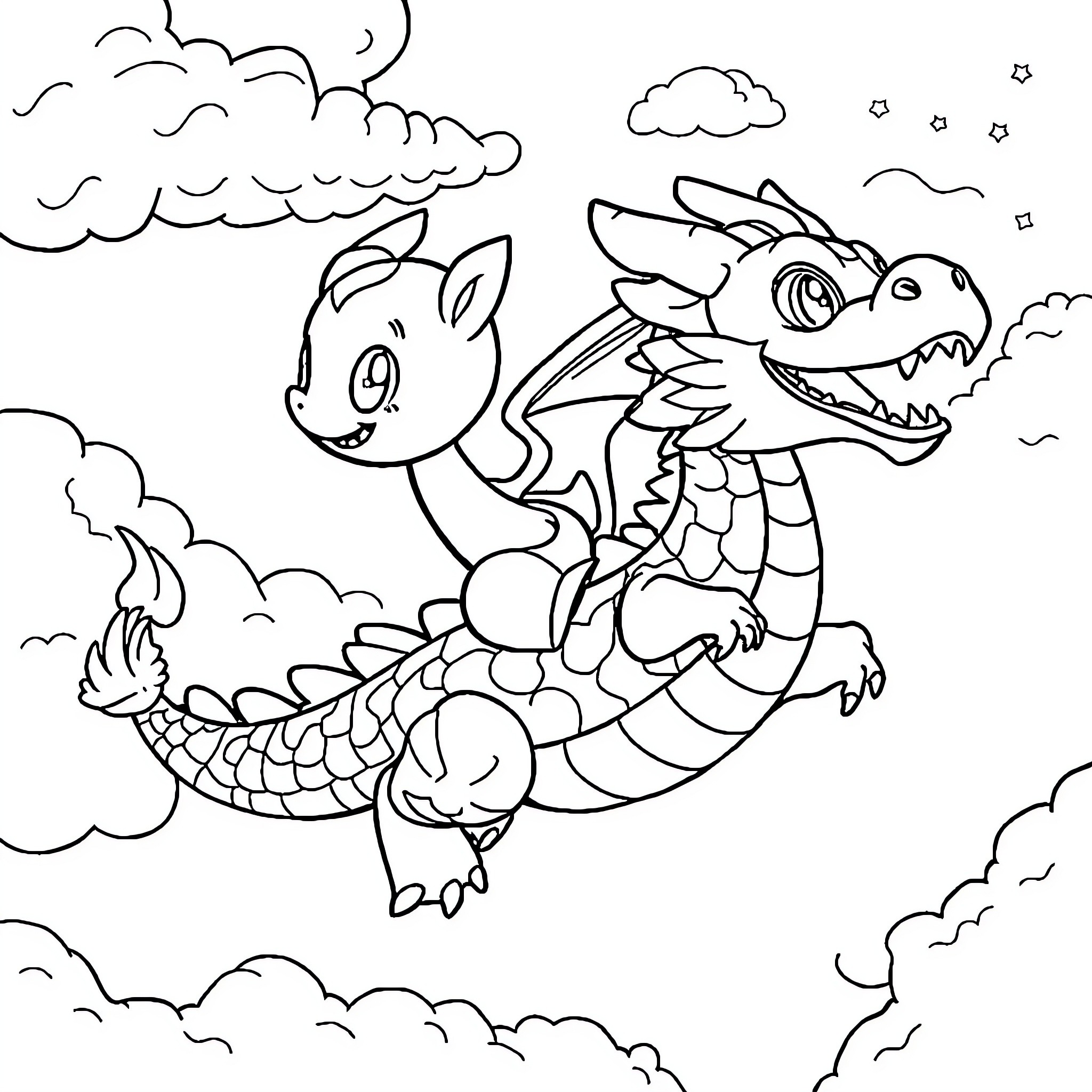 Bluey's Imaginative Dragon Adventure Coloring Page (free black-and-white line drawing printable PDF for all, from beginners to advanced learners, including children, teens, adults, and seniors)