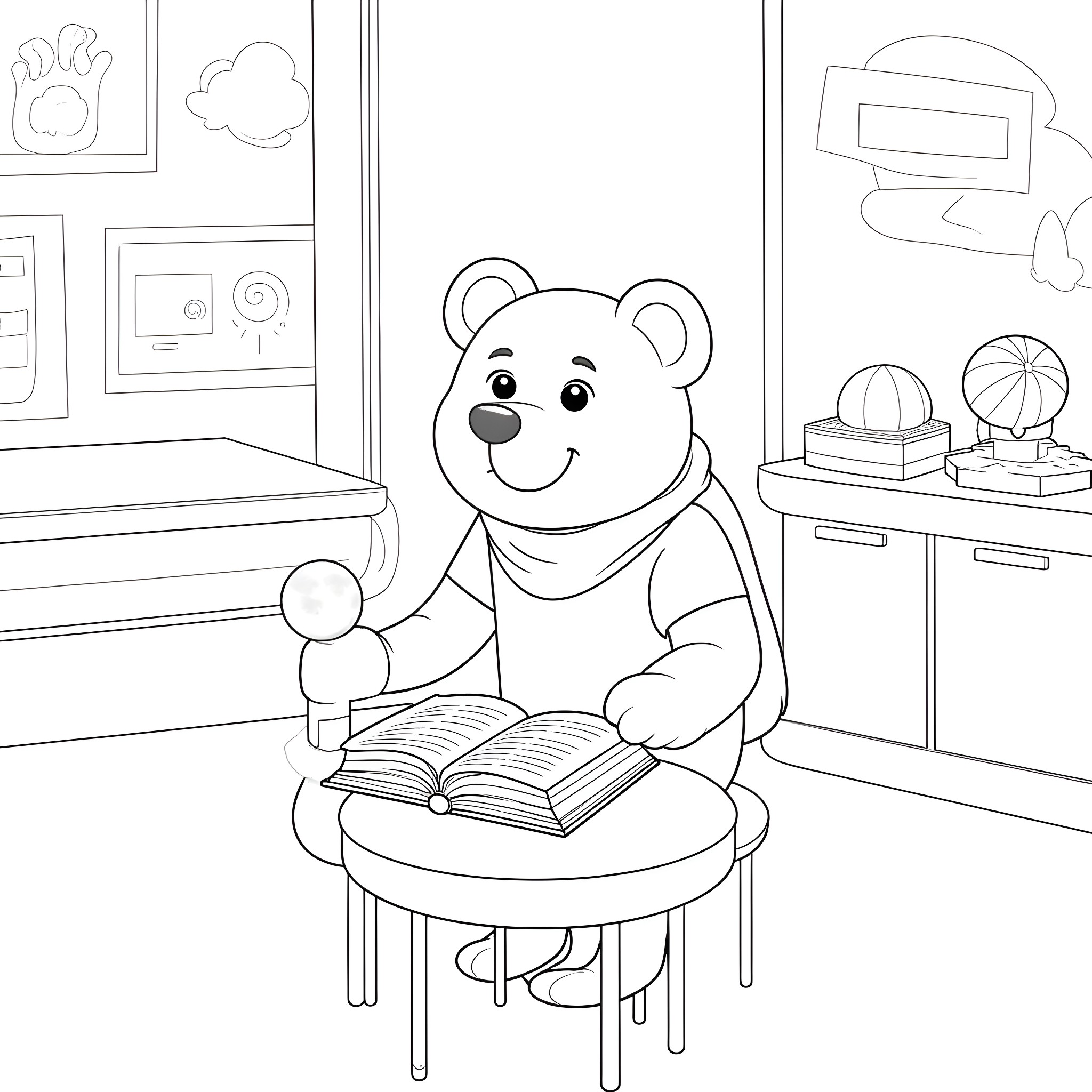 Cubbie Bear reading a book in his room Coloring Page (free black-and-white line drawing printable PDF for all, from beginners to advanced learners, including children, teens, adults, and seniors)