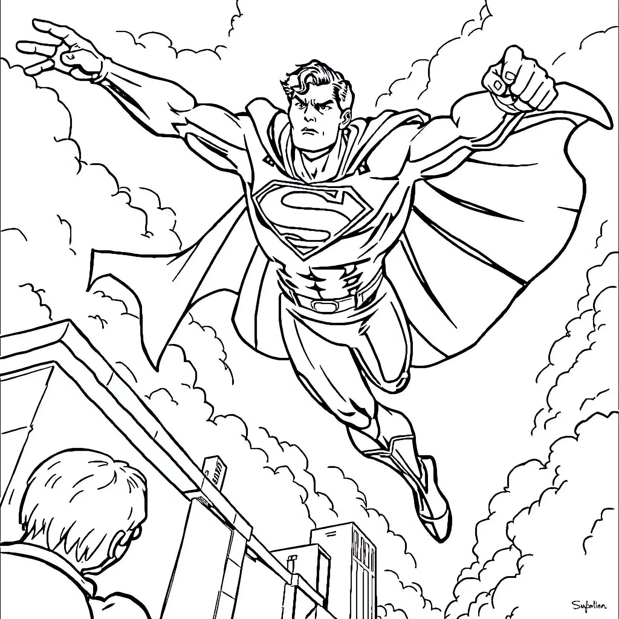 Superman heroically soaring through the sky Coloring Page (free black-and-white line drawing printable PDF for all, from beginners to advanced learners, including children, teens, adults, and seniors)
