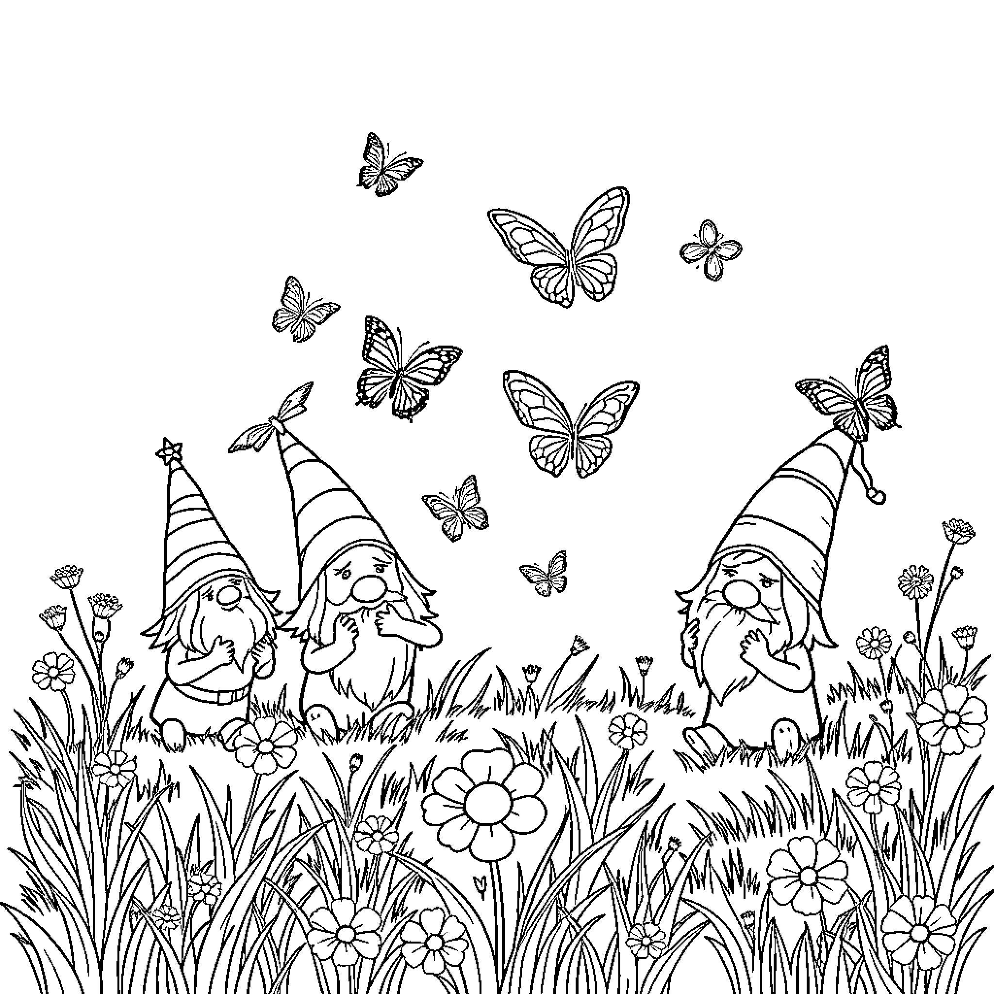 Gnomes frolicking amongst flowers and butterflies Coloring Page (free black-and-white line drawing printable PDF for all, from beginners to advanced learners, including children, teens, adults, and seniors)