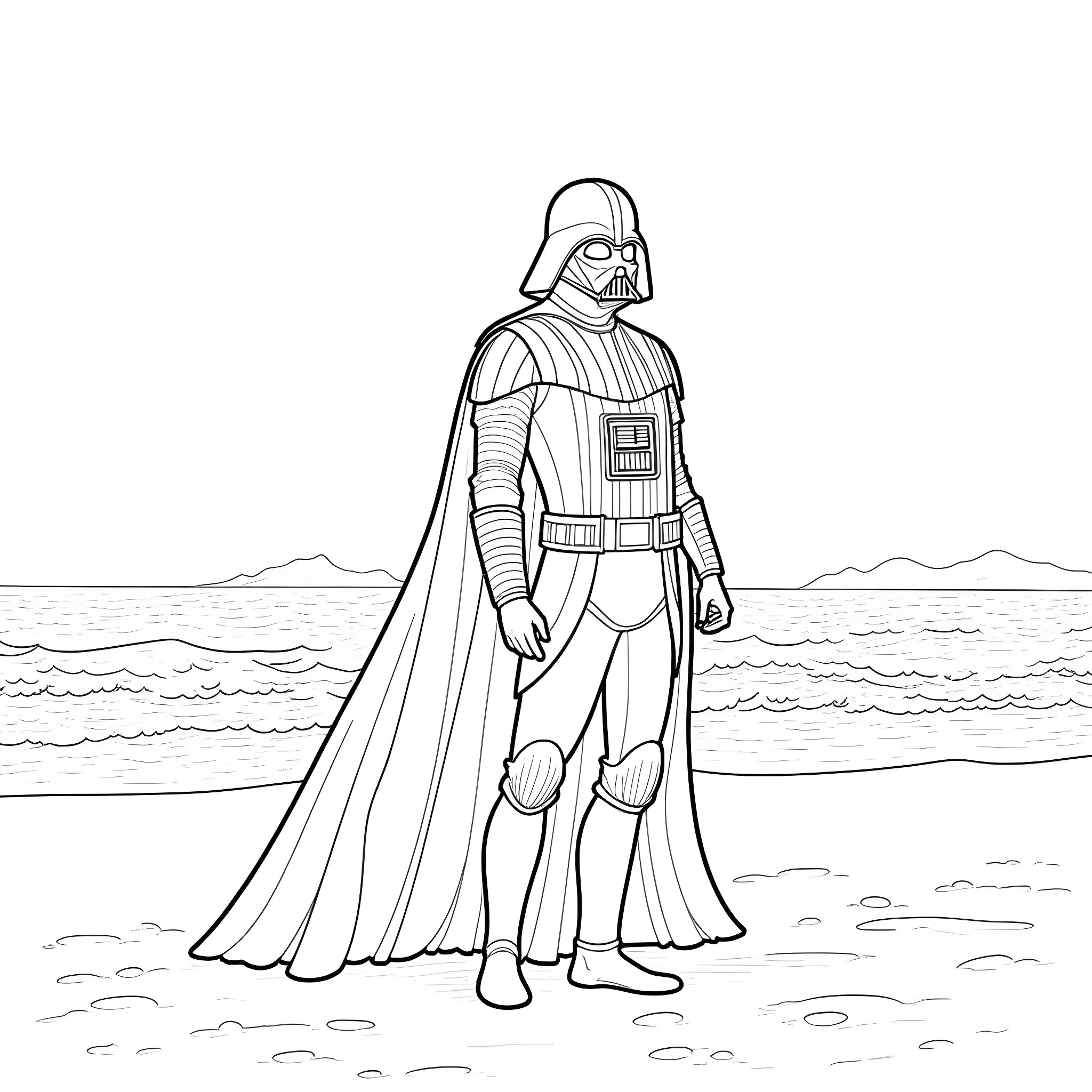 Darth Vader standing tall in a desolate landscape Coloring Page (free black-and-white line drawing printable PDF for all, from beginners to advanced learners, including children, teens, adults, and seniors)